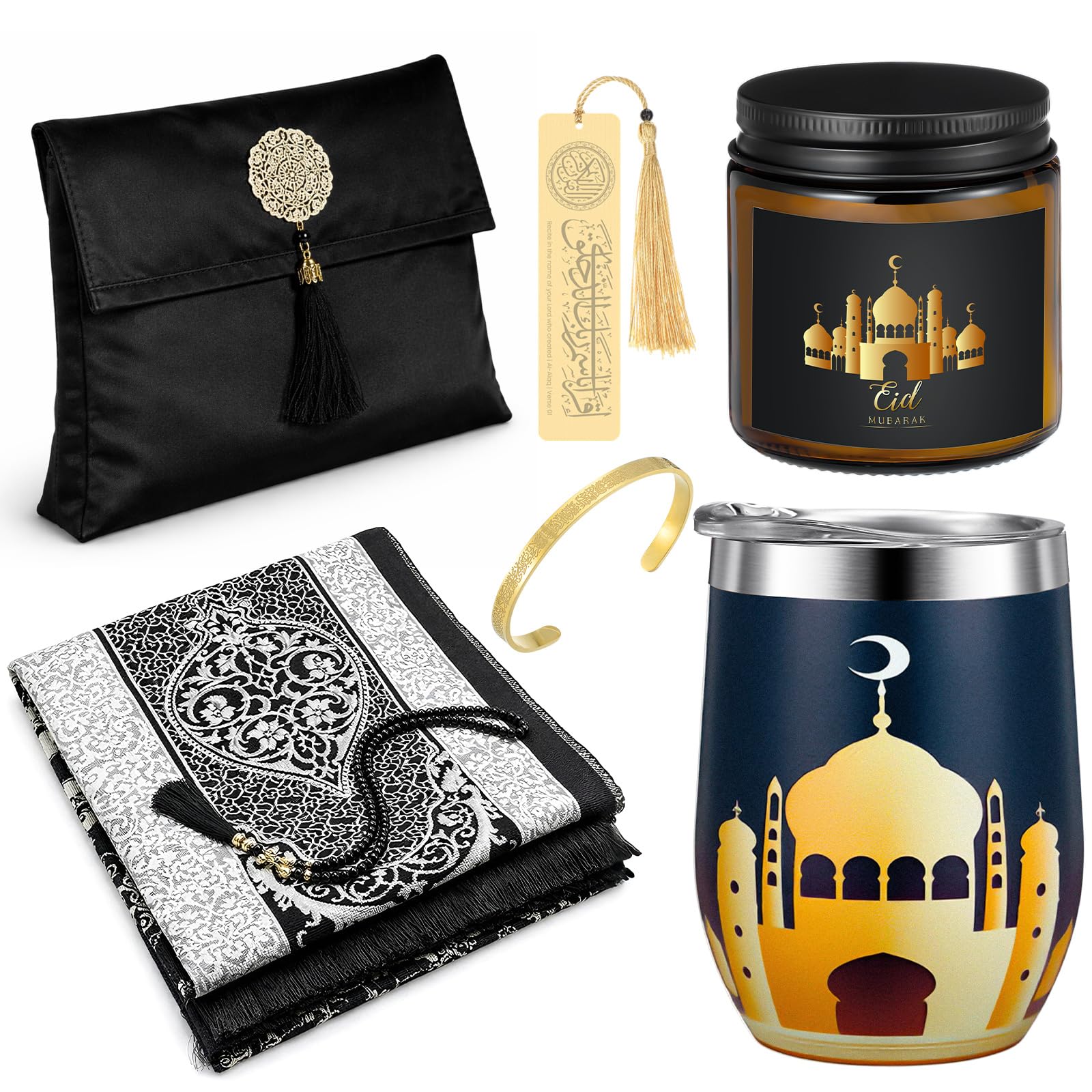 Geiserailie 8 Pcs Islamic Ramadan Eid Gifts Set Include Prayer Rug with Prayer Bead and Portable Bag Quran Metal Bookmark Tumbler Scented Candle Bracelet Box for Men Women Eid Holidays New Year Gifts