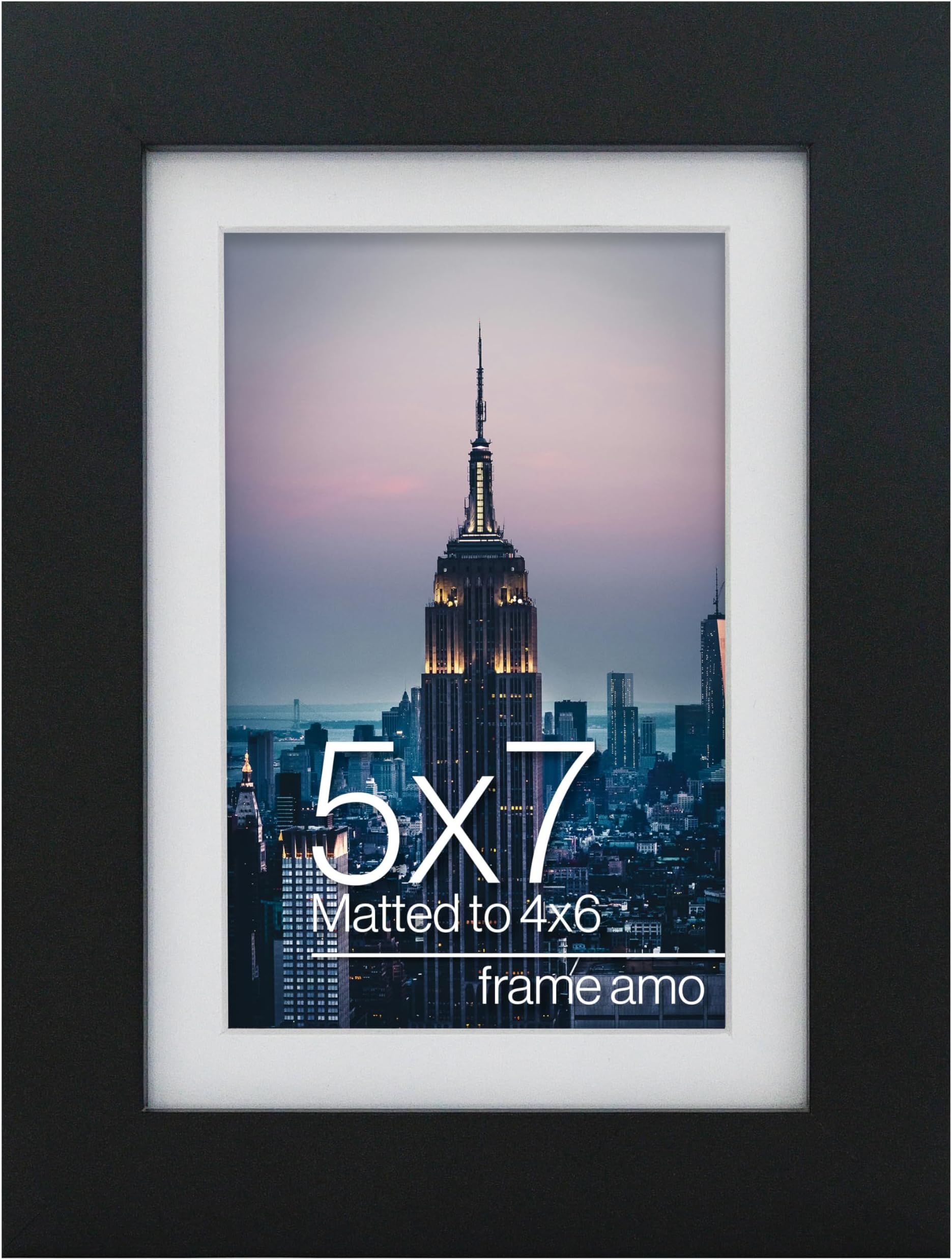 Frame Amo 5x7 Black Picture Frame with 3.5x5.5 White Mat Opening for 4x6 Image, 1 Inch Border, Acrylic Face, for Wall or Table