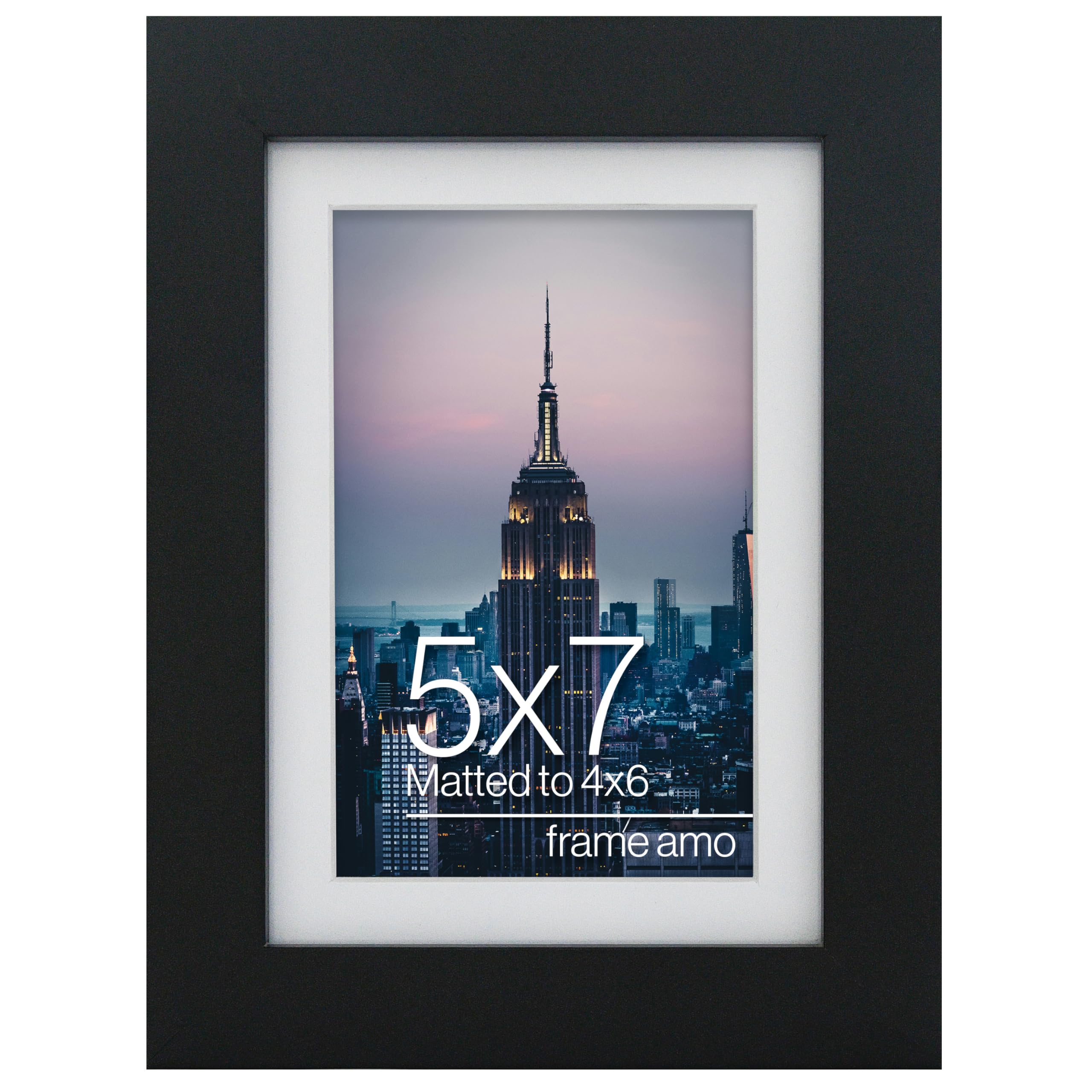 Frame Amo 5x7 Black Picture Frame with 3.5x5.5 White Mat Opening for 4x6 Image, 1 Inch Border, Acrylic Face, for Wall or Table