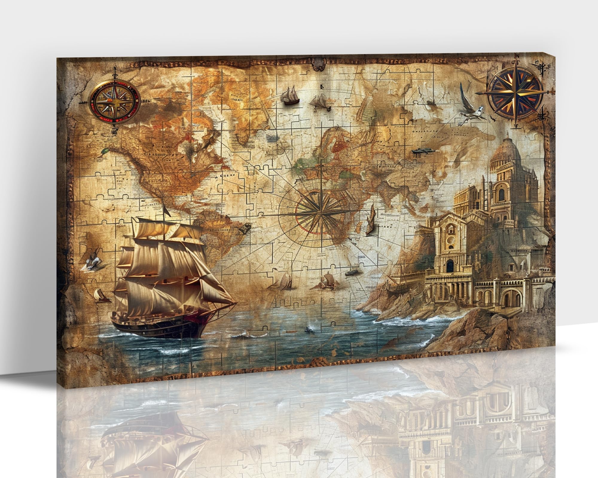 Vintage World Map Wall Art, Nautical World Map Backdrop Canvas Print, Travel Map Art Framed Artwork for Office Decor, Old Treasure Map Poster Painting