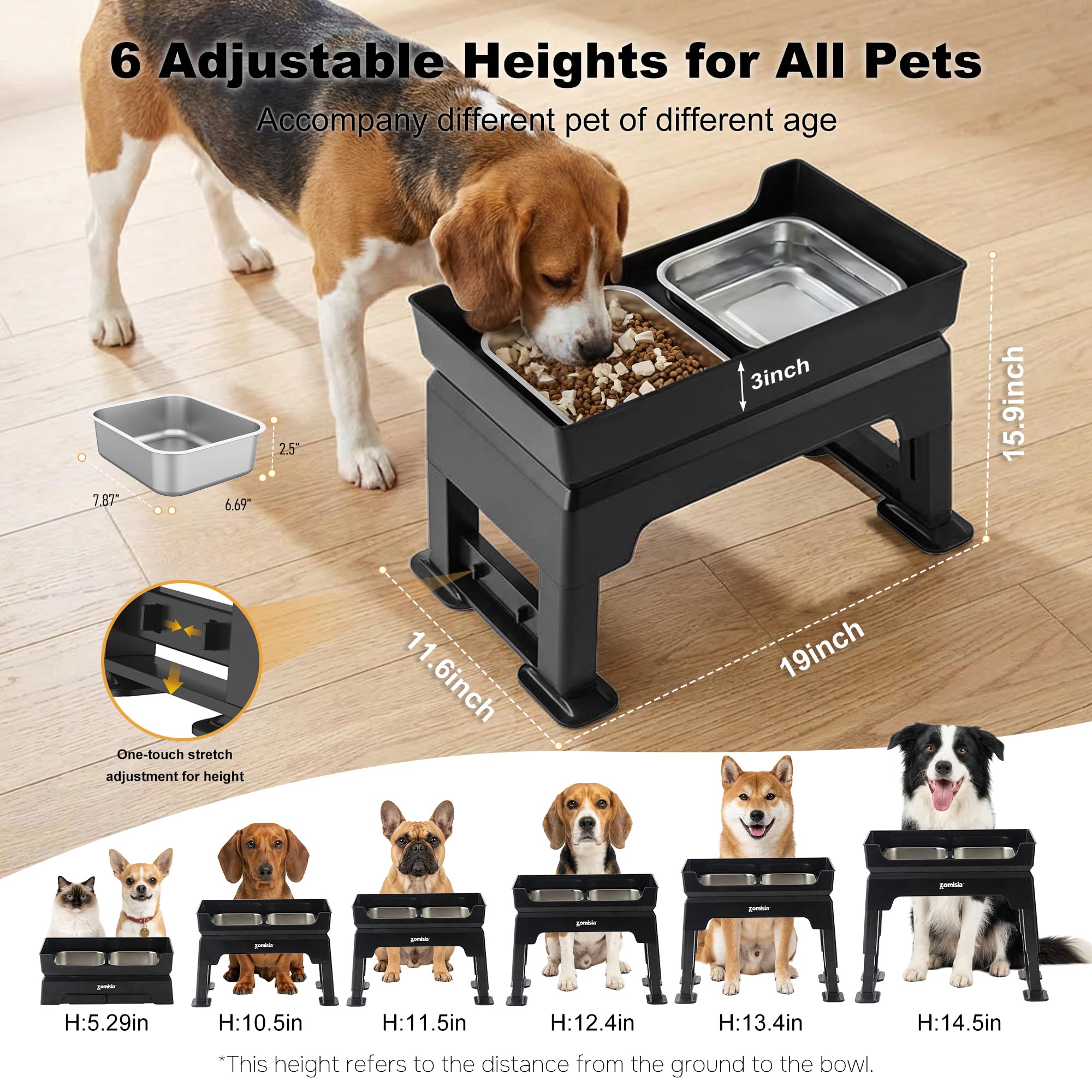 ZOMISIA 3-en-1 Comedero Perro Elevado – 6 Alturas Ajustables 17-40cm, 2 Cuencos de Acero Inoxidable 1,6L y Antivoracidad, para Perros Pequeños, Medianos y Grandes, Plegable y Antideslizante