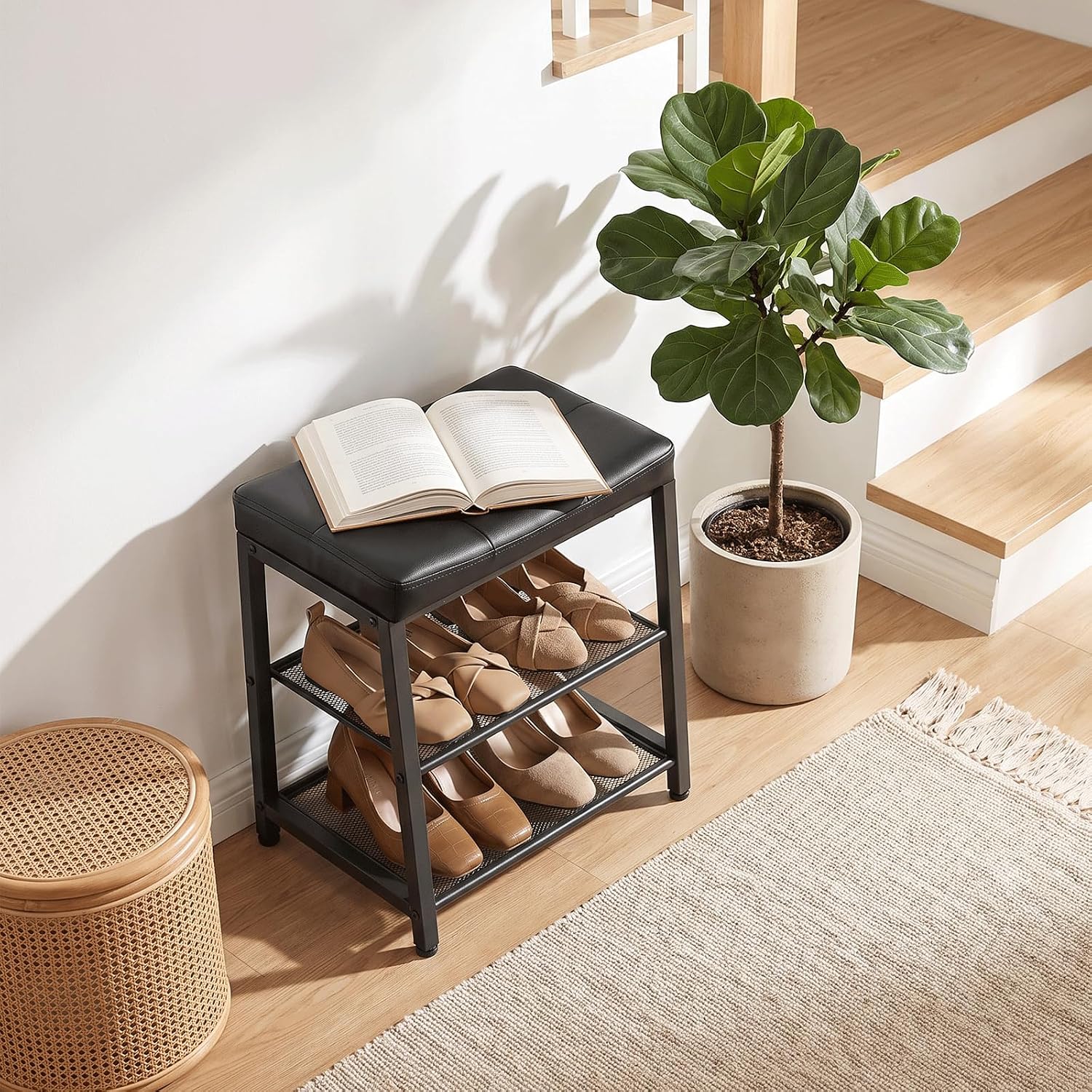 HOOBRO Shoe Bench with 2-Tier Storage Rack, Shoe Storage Bench, Black