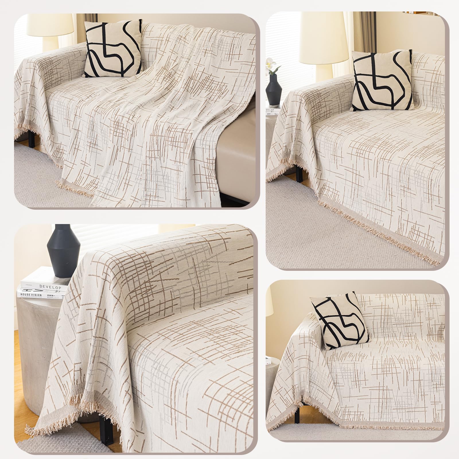 Copridivano Reversibile in Ciniglia, Copridivano 3 Posti, Telo Copridivano Morbida e Accogliente, Copridivano Antigraffio Gatto,Copriletto Leggero Multiuso 180 * 230cm-Cachi