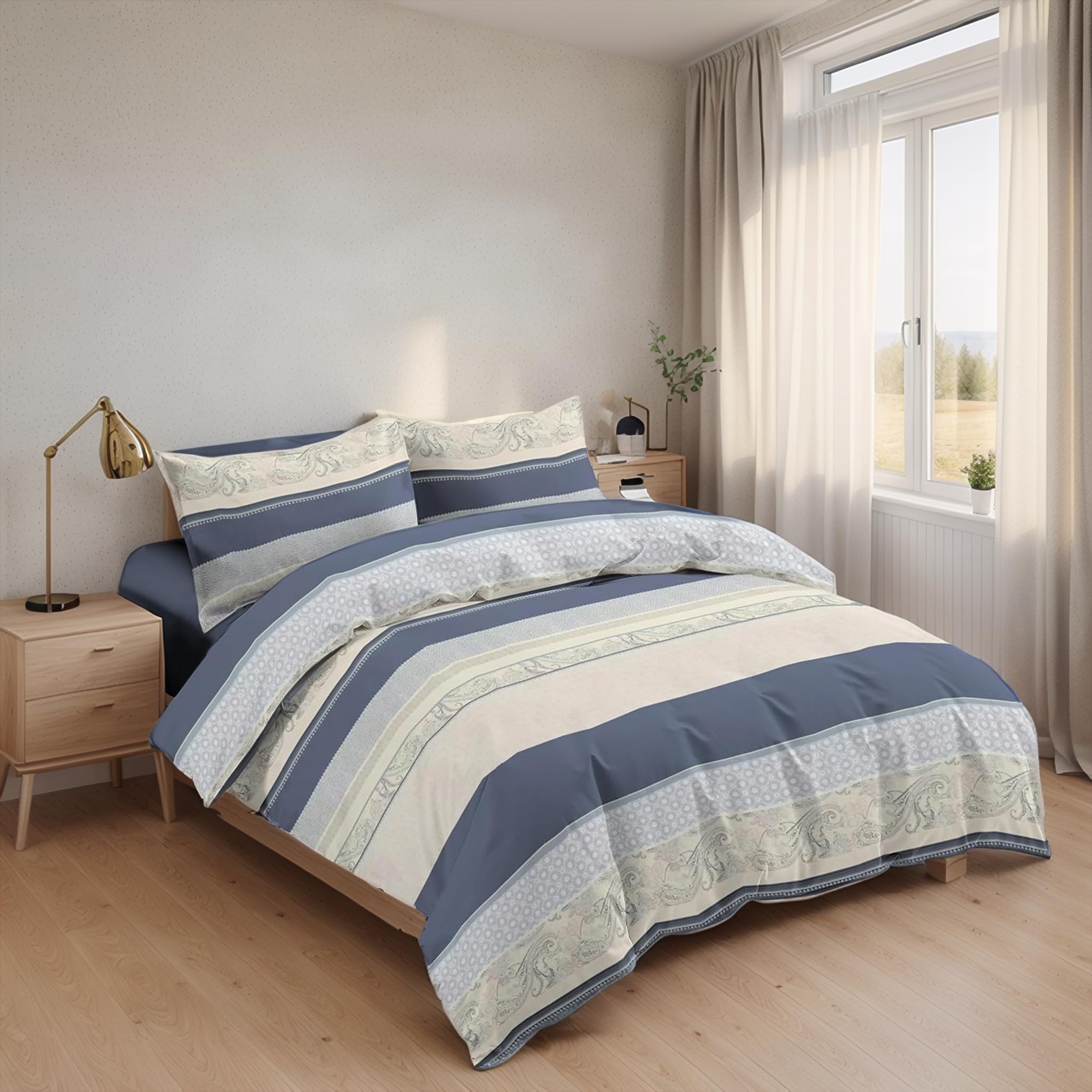 Juego de Funda Nórdica 3 Piezas Cama 90 Microfibra Suave Transpirable - 1 Funda Edredón 150x220 cm, 1 Bajera 90x200+28 cm y 1 Funda Almohada 50x110 cm (Azul Marino y Beige)