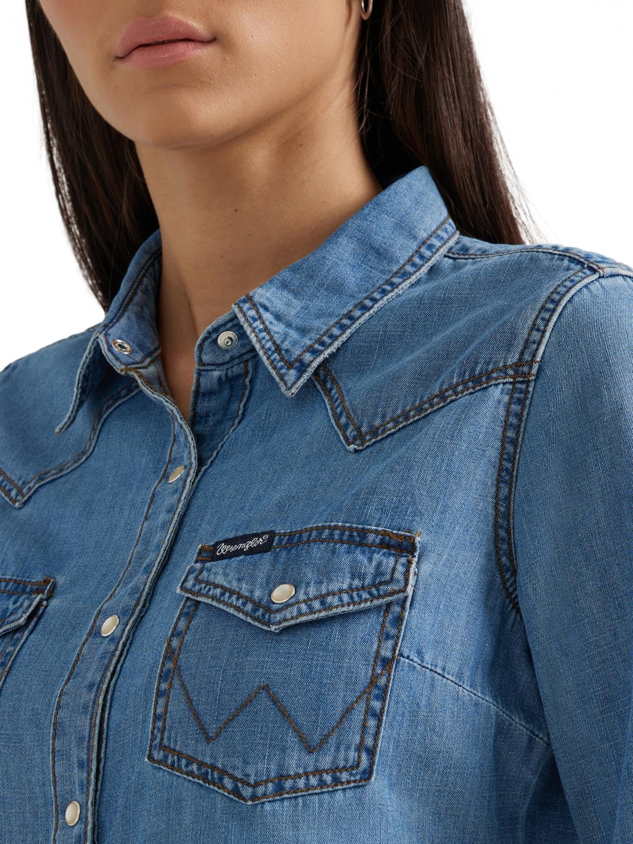 Wrangler Damska koszula retro z długim rękawem Western Denim Snap, Średni dżins, M