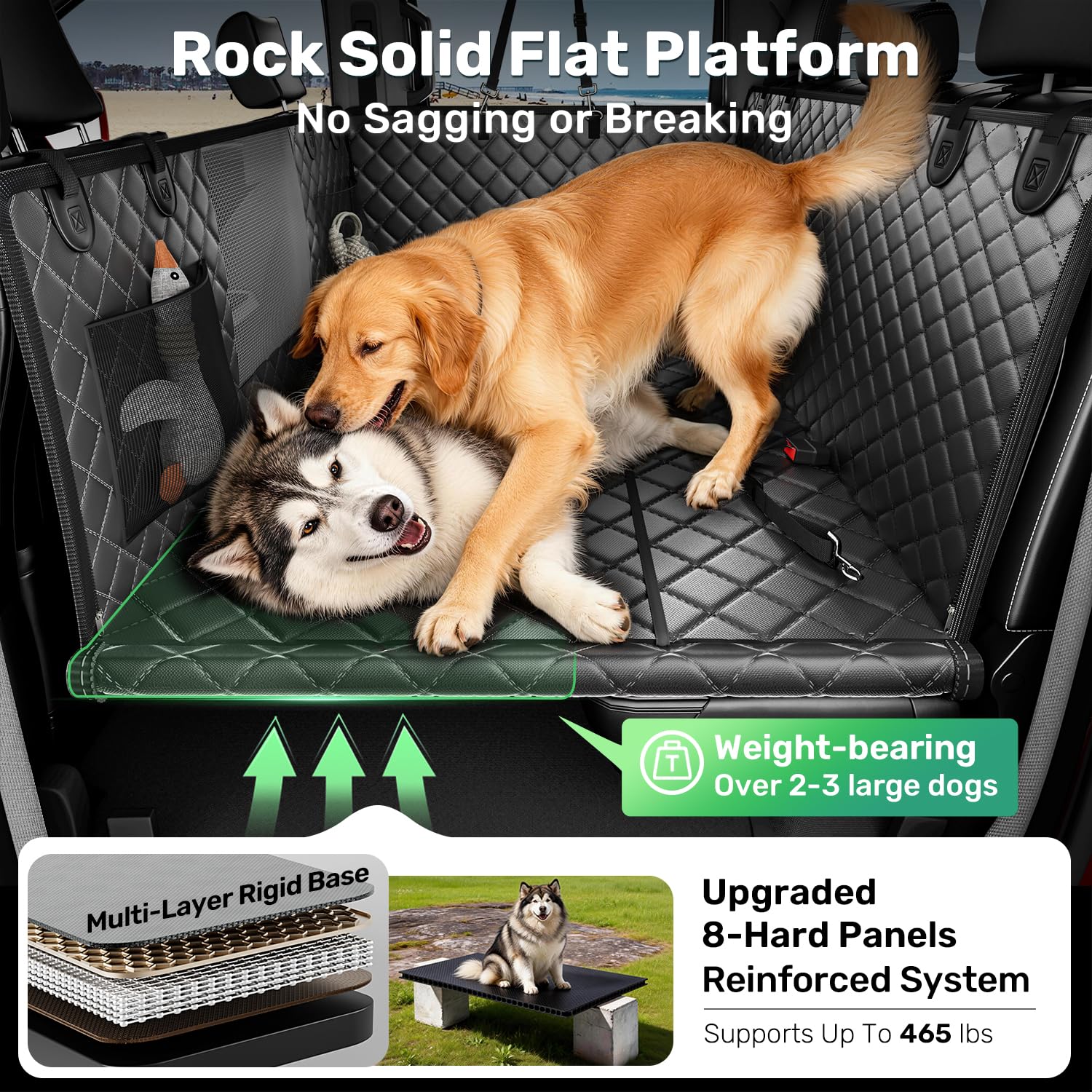 Zanch Heavy-Duty Dog Car Seat Cover, Flat Solid Back Seat Extender for Multi Large Dogs, Hard-Base Supports 450 lb, Waterproof Scratchproof Hammock Protector, Standard for Cars, SUV, Trucks, Black - image 3