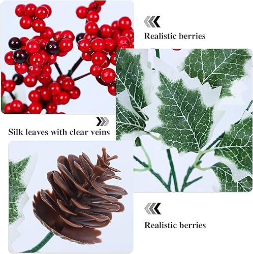 Miniatura 4 de Flores artificiales de Navidad, bayas rojas acebo, tallos de piña para jarrón de Navidad, hogar, jardín, fiesta, arreglo, centros de mesa,