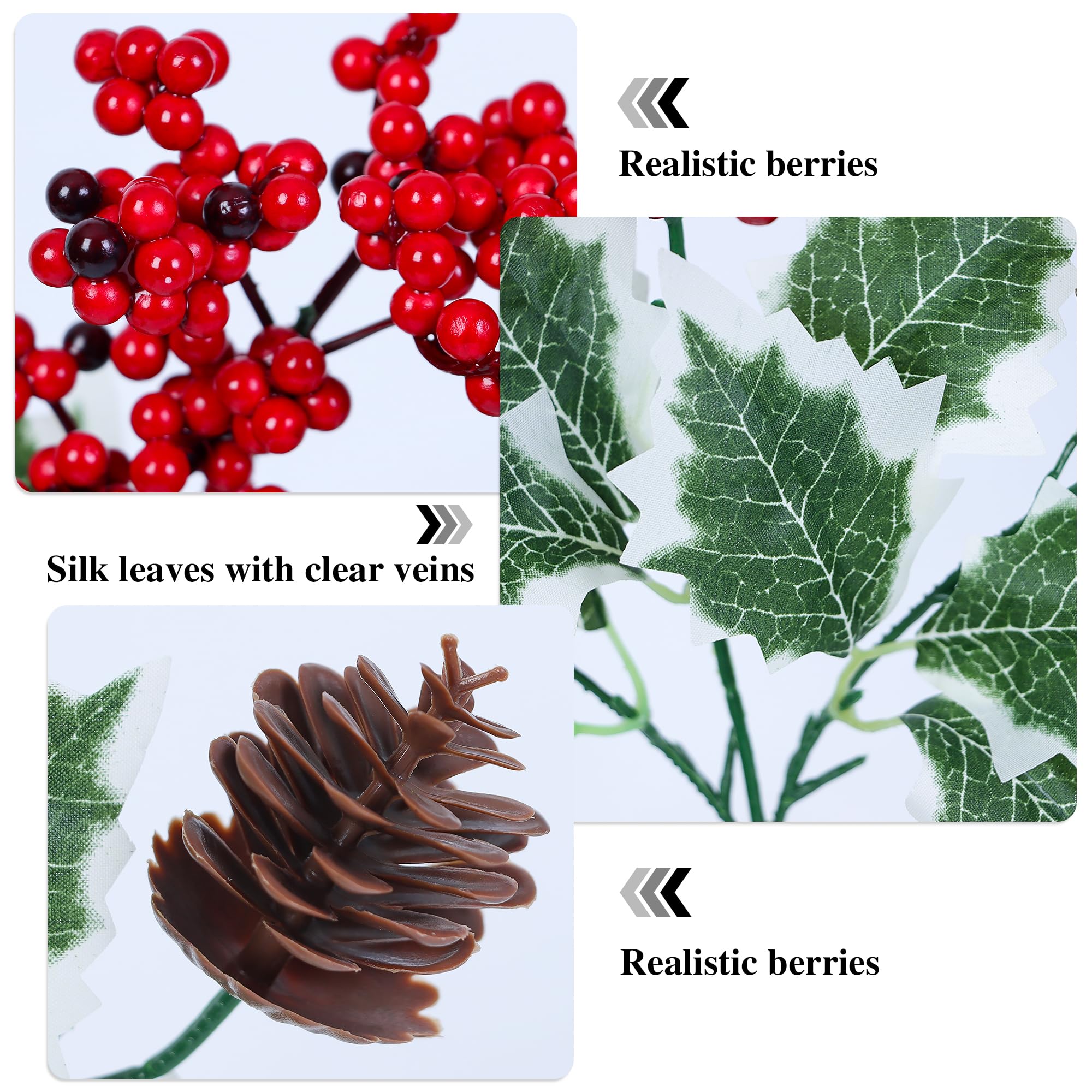 Künstliche Weihnachtsblumen, Stechpalme, rote Beeren, Tannenzapfen, Stiele, 30,5 cm lang, für Weihnachtsvase, Zuhause, Garten, Party, Arrangement, Tischdekoration, Kranz und Weihnachtsbaum, 4