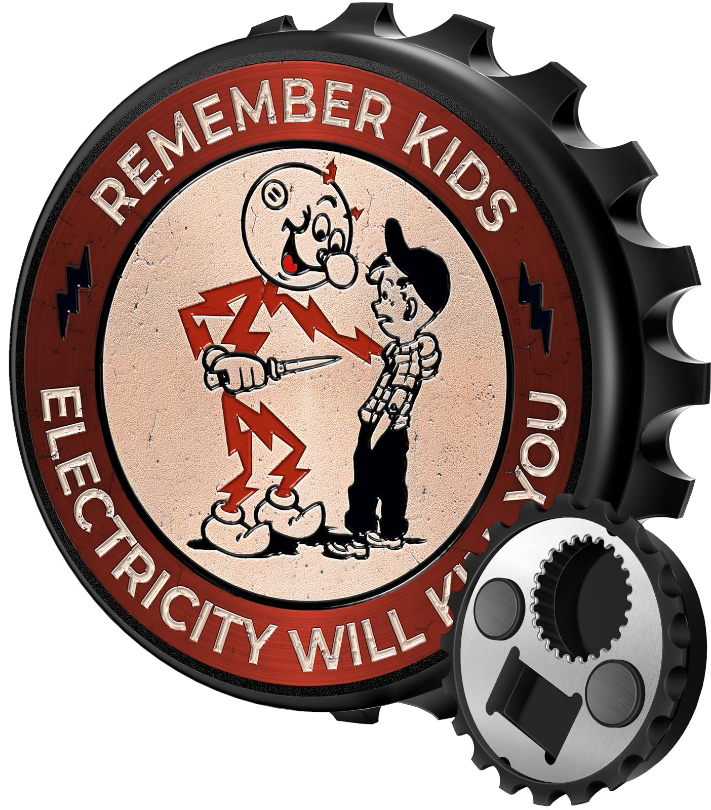 Buleens Magnetic Bottle Opener for Fridge, Cute Funny Designer Beer Bottle Opener Magnet for Refrigerator with Remember Kids Electricity Kill You Sticker for Men Women, for Beer Lovers, Black