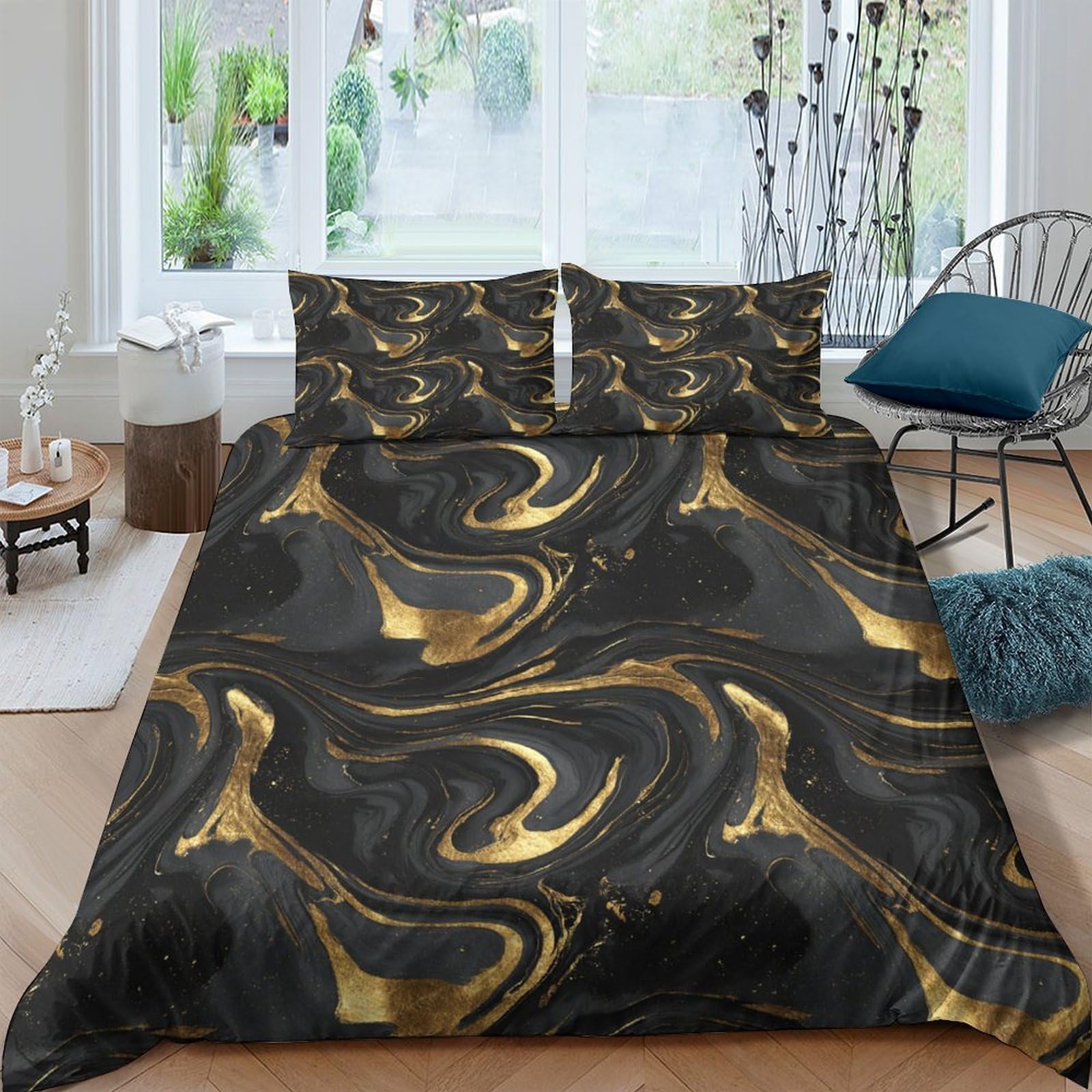 Ctjqhvkz Style-6 3D Printed Black Gold Marble Fitted Sheet Microfiber Soft Bed Sheet Abstract Swirl Mattress Cover Bedroom Decor Single（135X200cm）