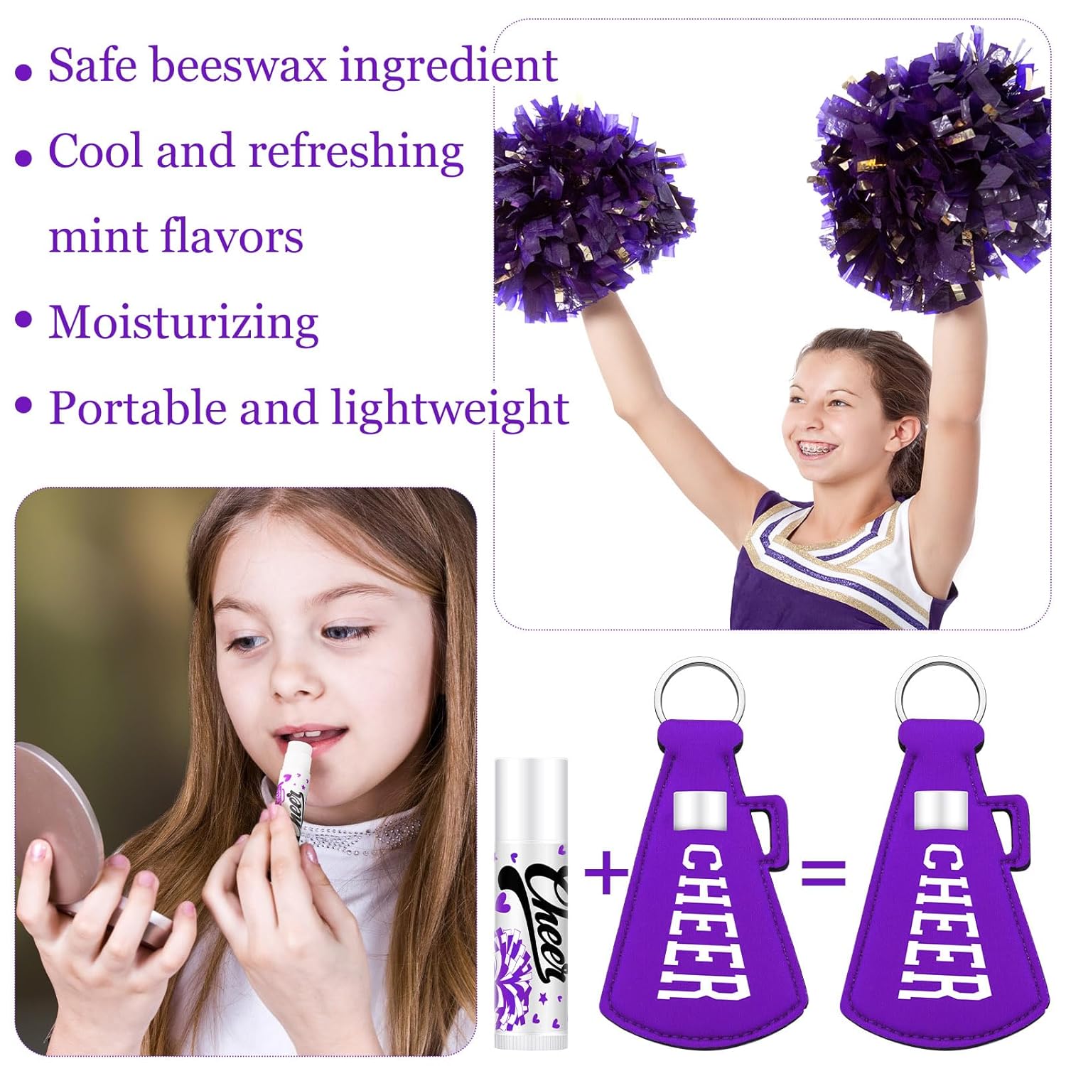 36 Pcs Cheer Gifts Bulk Cheerleading Team Gifts Lip Balm and Holder Keychains Set Cheer Party Favors Cheerleader Team Gift for Sports Fans Competitive Party Guest(Purple)