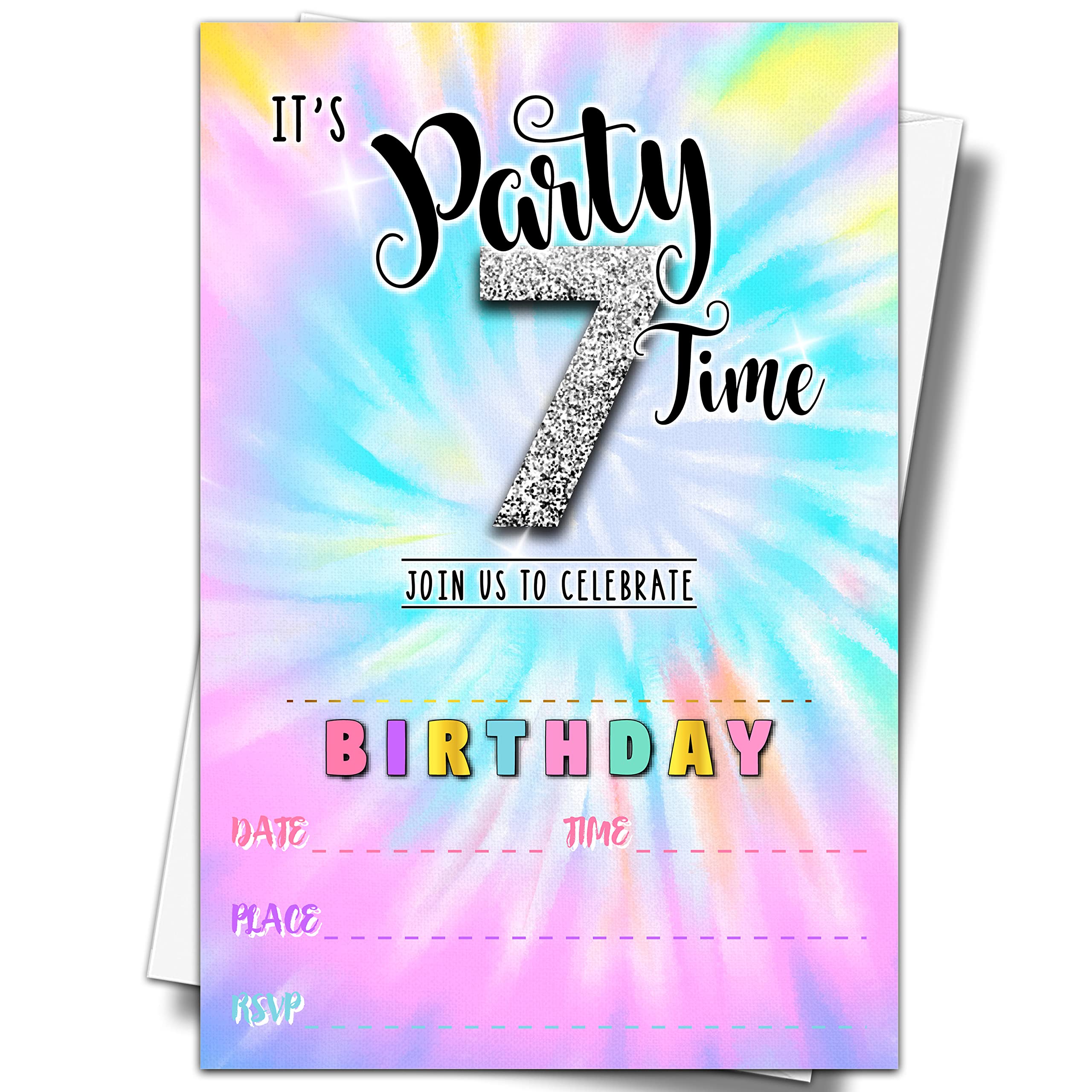 Photo 1 of Tie Dye 7th Birthday Party Invitations, 20 Invite Cards with Envelopes, 4"x6" It's Party Time Birthday Invites - B25