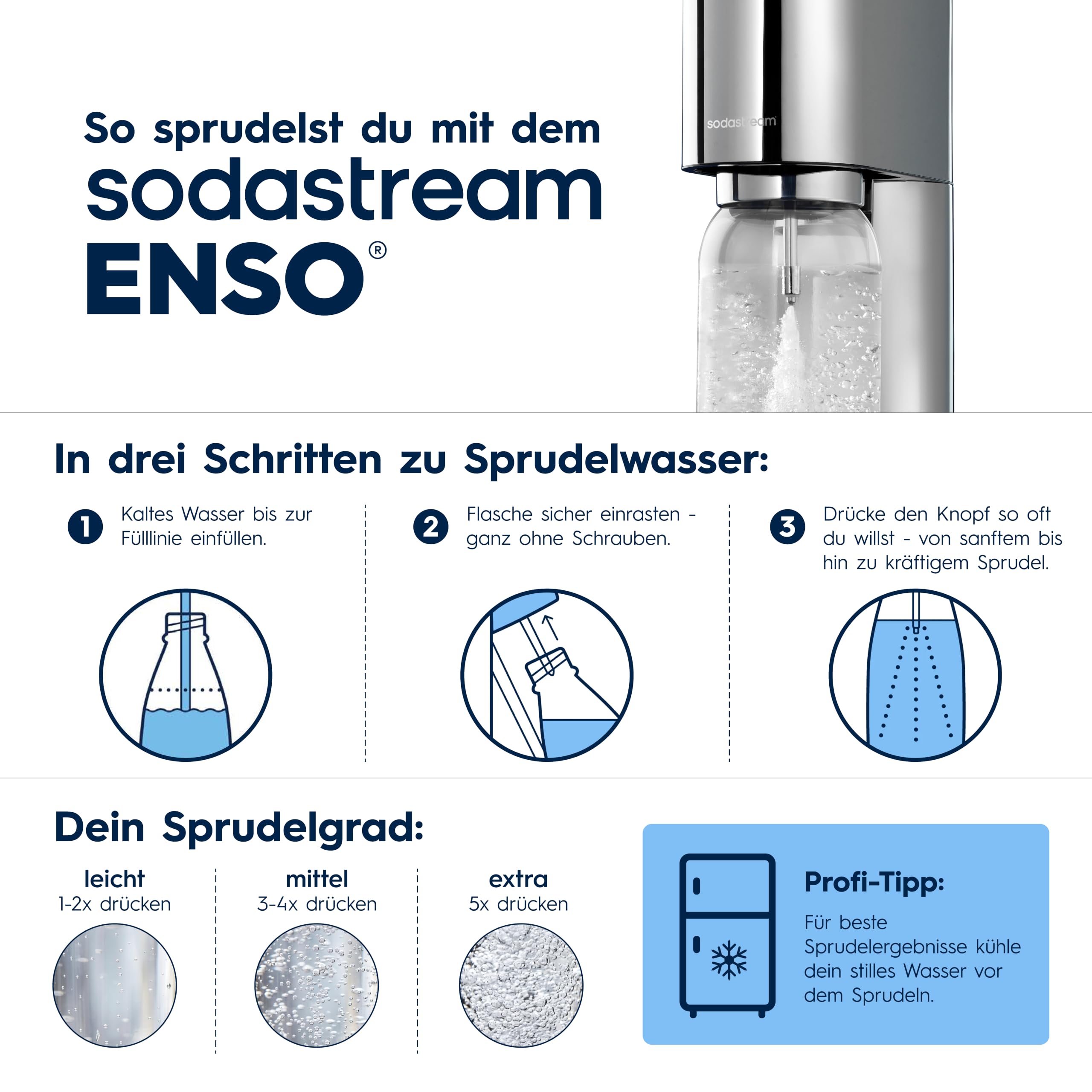 Sodastream ENSO Wassersprudler, Edelstahl Wassersprudler mit Quick Connect CO2-System, inkl. 1 CO2-Zylinder für bis zu 60L Sprudelwasser und 1 ENSO Sprudlerflasche, Sprudelwasser Maschine, Silber