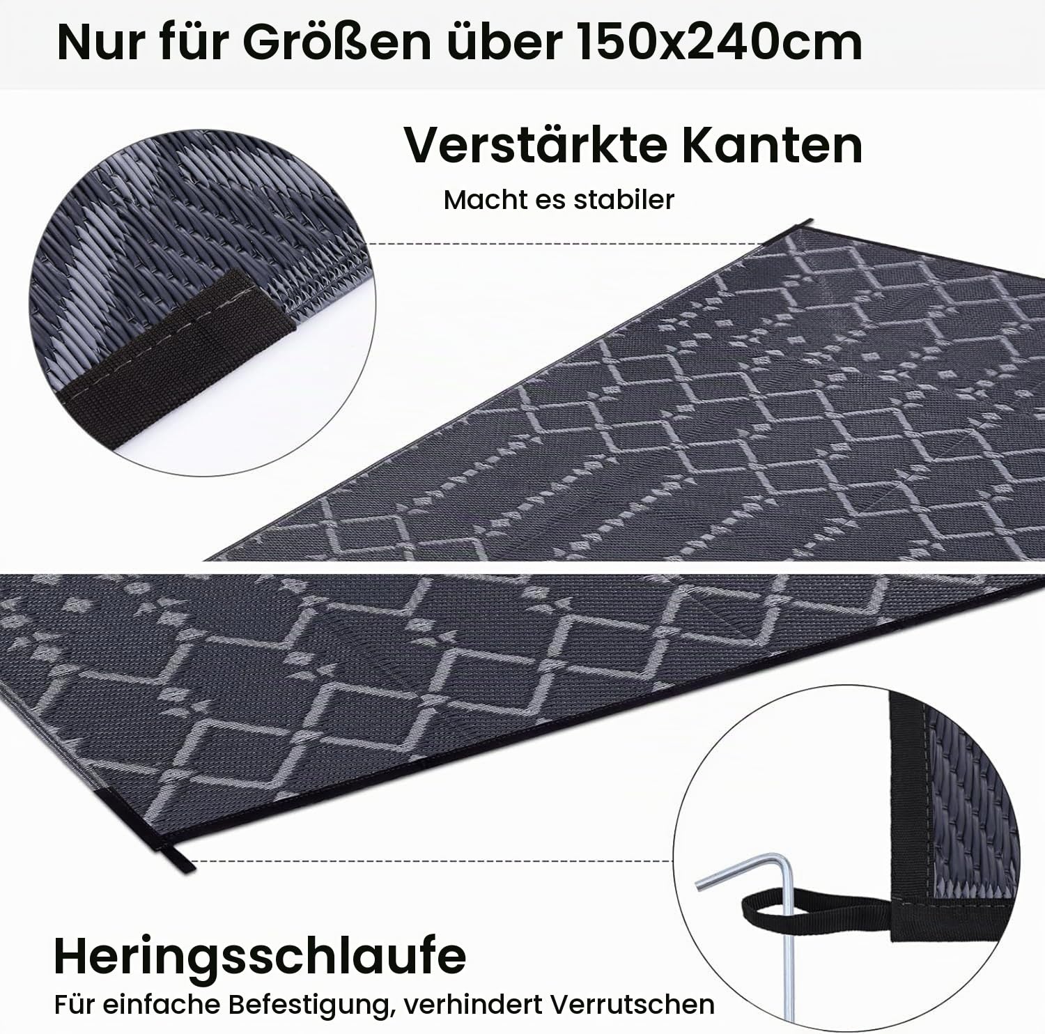 Homaxy Outdoor Teppich Wetterfest 240x300cm, Schwarz & Grau | Beidseitig Nutzbar, Wasserdicht, Boho Design, Für Terrasse, Garten, Balkon, Camping, Picknick