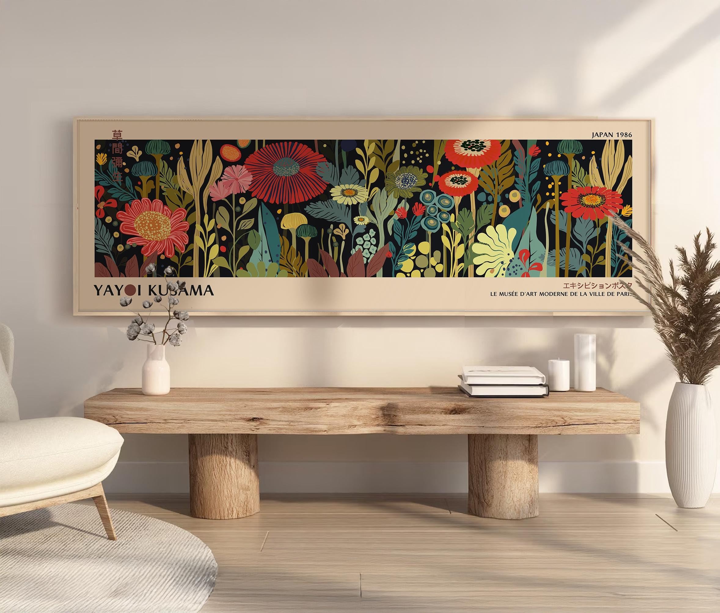 YUSUZHU Panoramic Japanese Landscape Poster: Abstract Japandi Inspired by Yayoi Kusama, Large Canvas Wall Art Painting Pictures(60x180cm/Frameless)