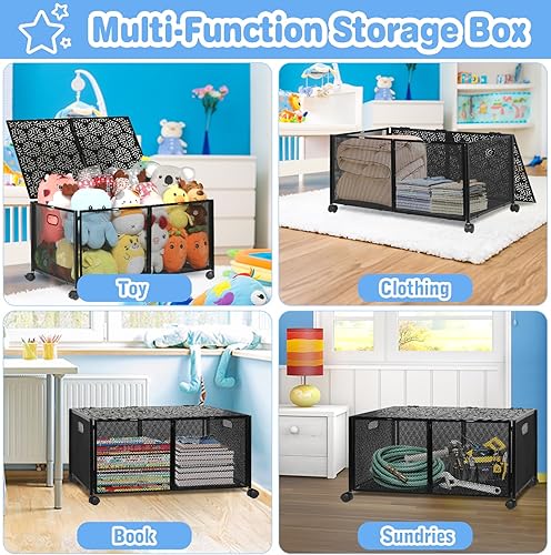 Miniatura 5 de punemi Caja de almacenamiento de juguetes, 2 organizadores de juguetes de metal y almacenamiento con ruedas, caja grande para juguetes, contenedor