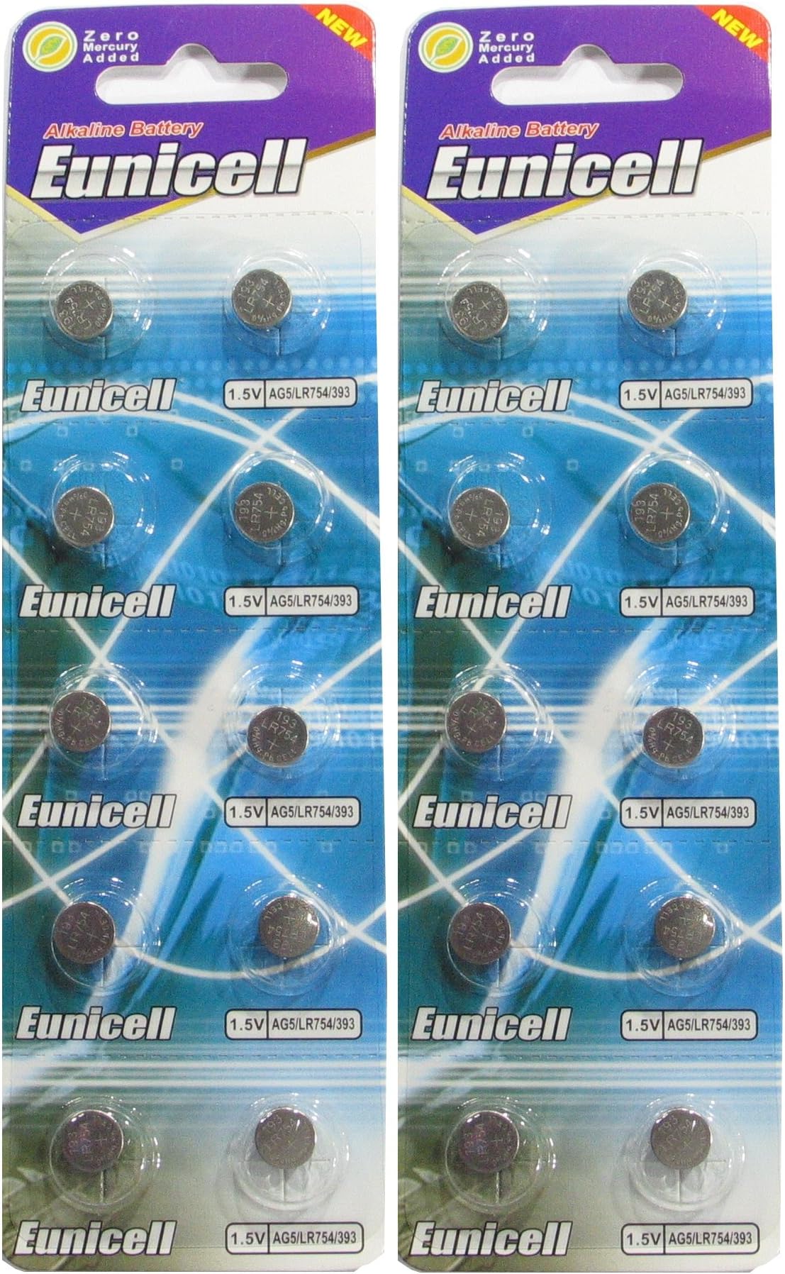 20 Eunicell AG5 / 393 / LR48 Button Cell Battery Long Shelf Life 0% Mercury (Expire Date Marked)