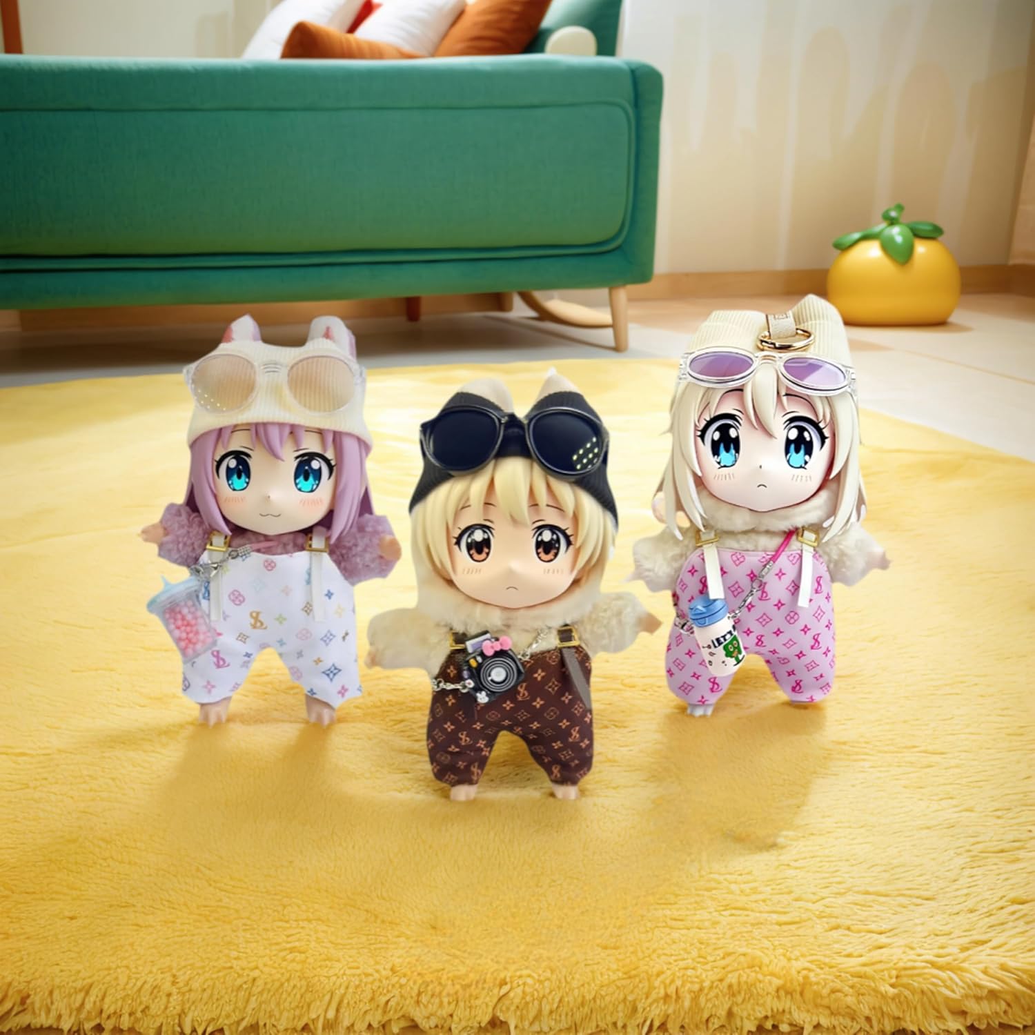 Doll Clothes for Labubu,4Pcs Cute Labubu Clothes Set,Including Beige Knit Hat, White Overalls, Sunglasses, and Mini Labubu Cup,17cm Labubu Accessories(no Doll)