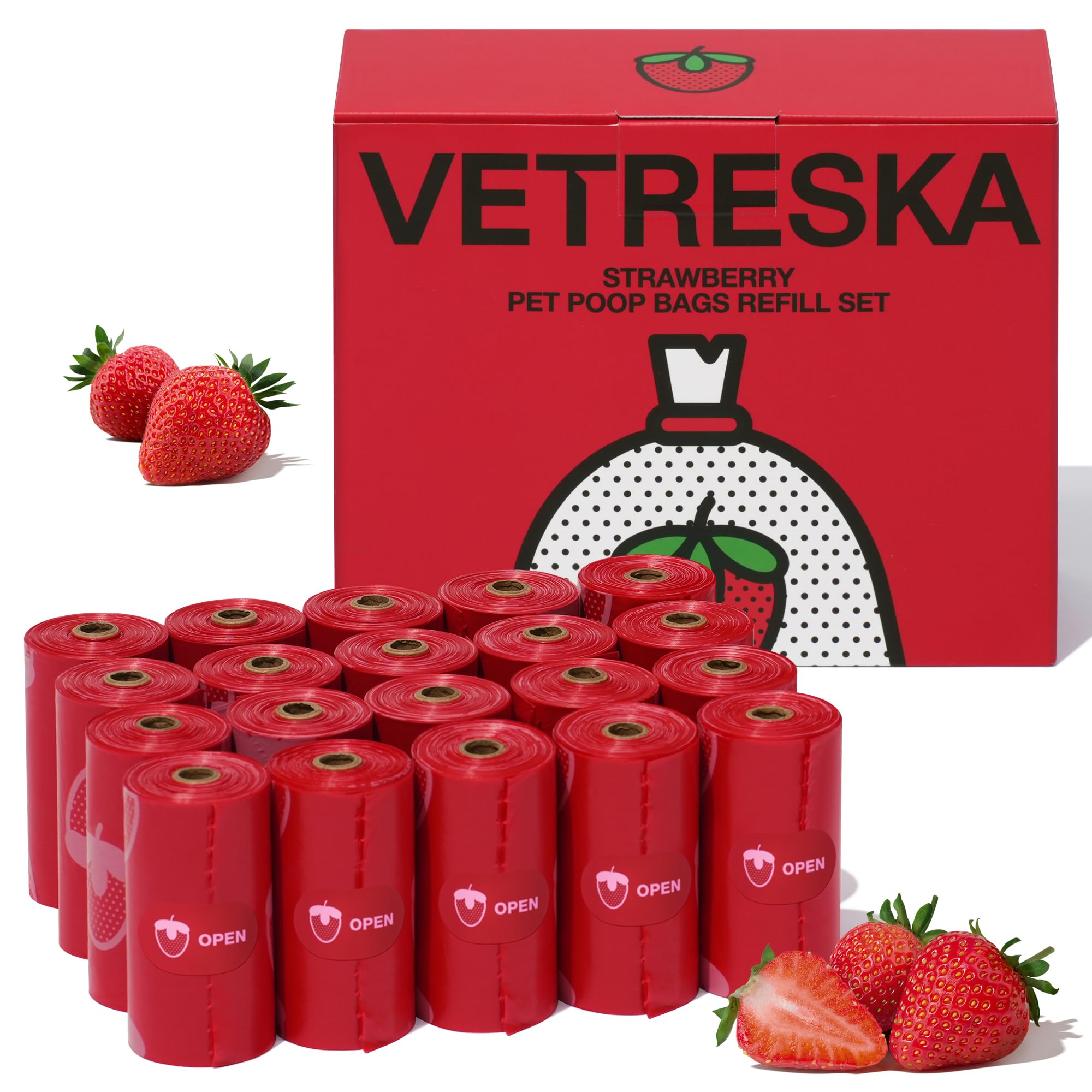 VETRESKA Dog Poop Bags 300 Count - 20 Strawberry Scented Refill Rolls | Extra Thick Leak Proof Pet Waste Bags for Large Dogs, Puppy & Cat Litter | Strong Dog Poo Bags