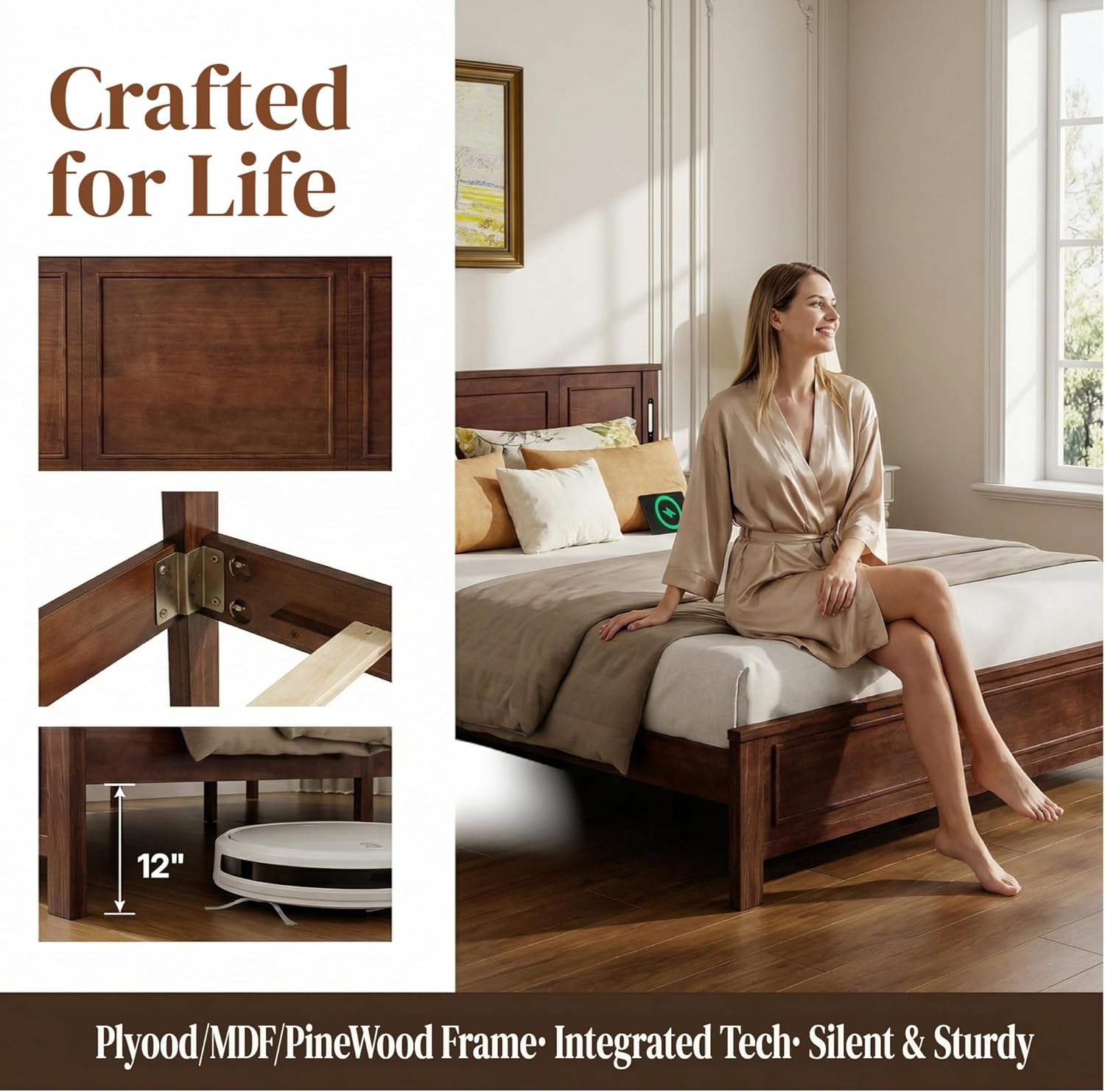 Wood Bed Frame Queen Size - Heavy Duty Queen Platform Bed with Built-in USB and LED; Noise-Free No Box Spring Needed Wooden Bed Frame Walnut Farmhouse Bedframe with Headboard