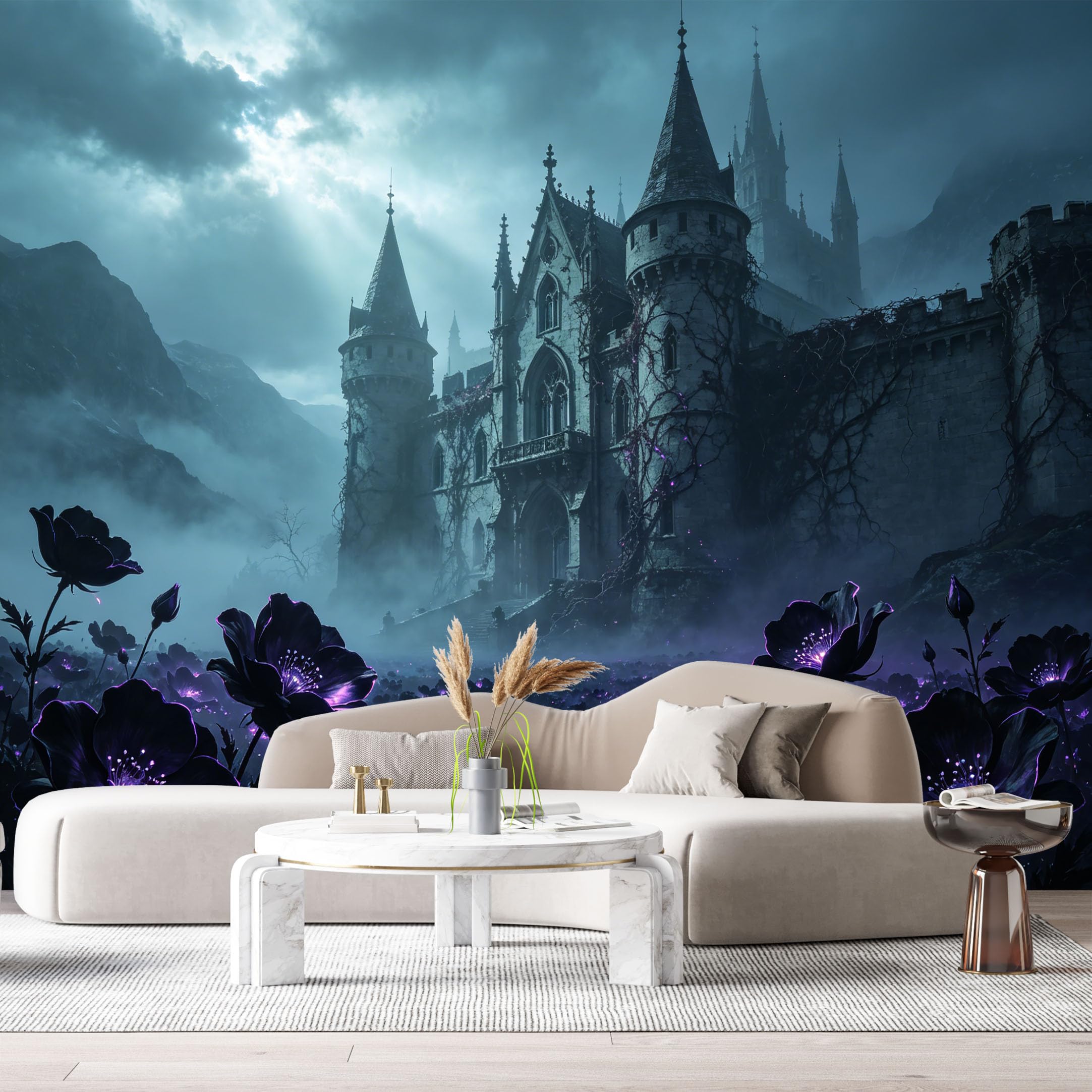 Custom Size Wall Murals Gothic Castle Misty Mountains Dark Violet Flowers 3D Trompe L'Oeil SelfAdhesive Wall Fabric Removable Large Wallpaper for Photo Living Room