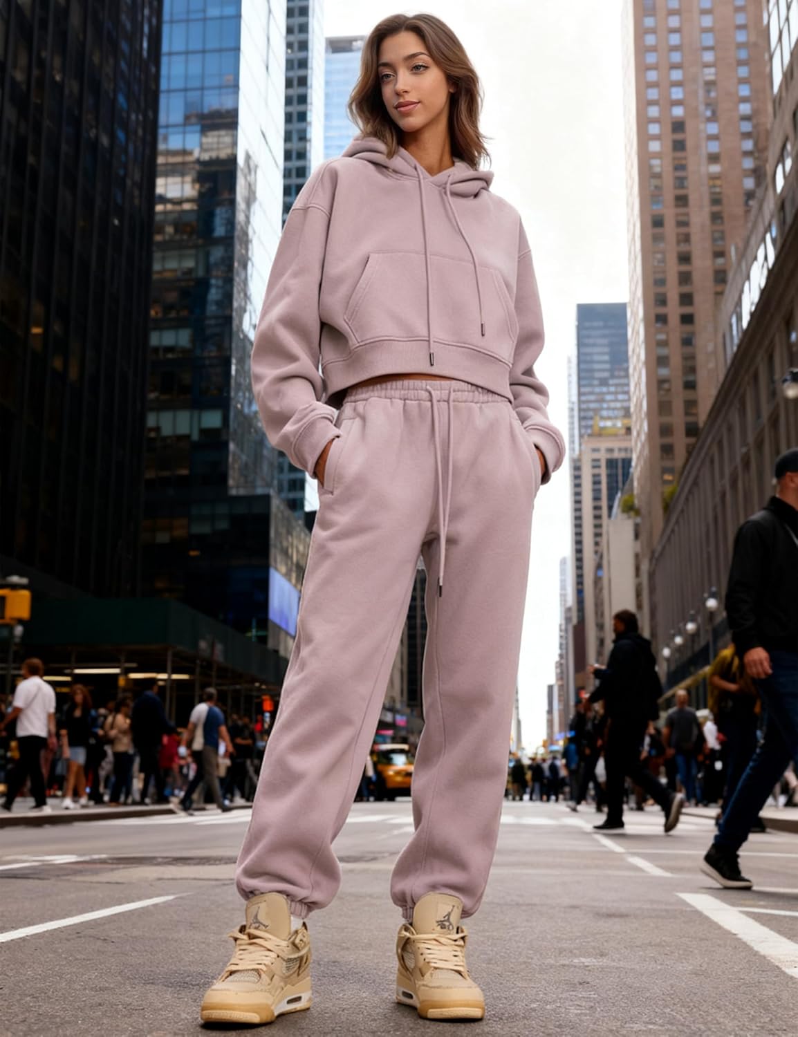 Womens Fleece 2 Piece Outfits Sweatsuit Crop Hoodie Pullover Sweatshirt Joggers Sweatpants Set - Image 4