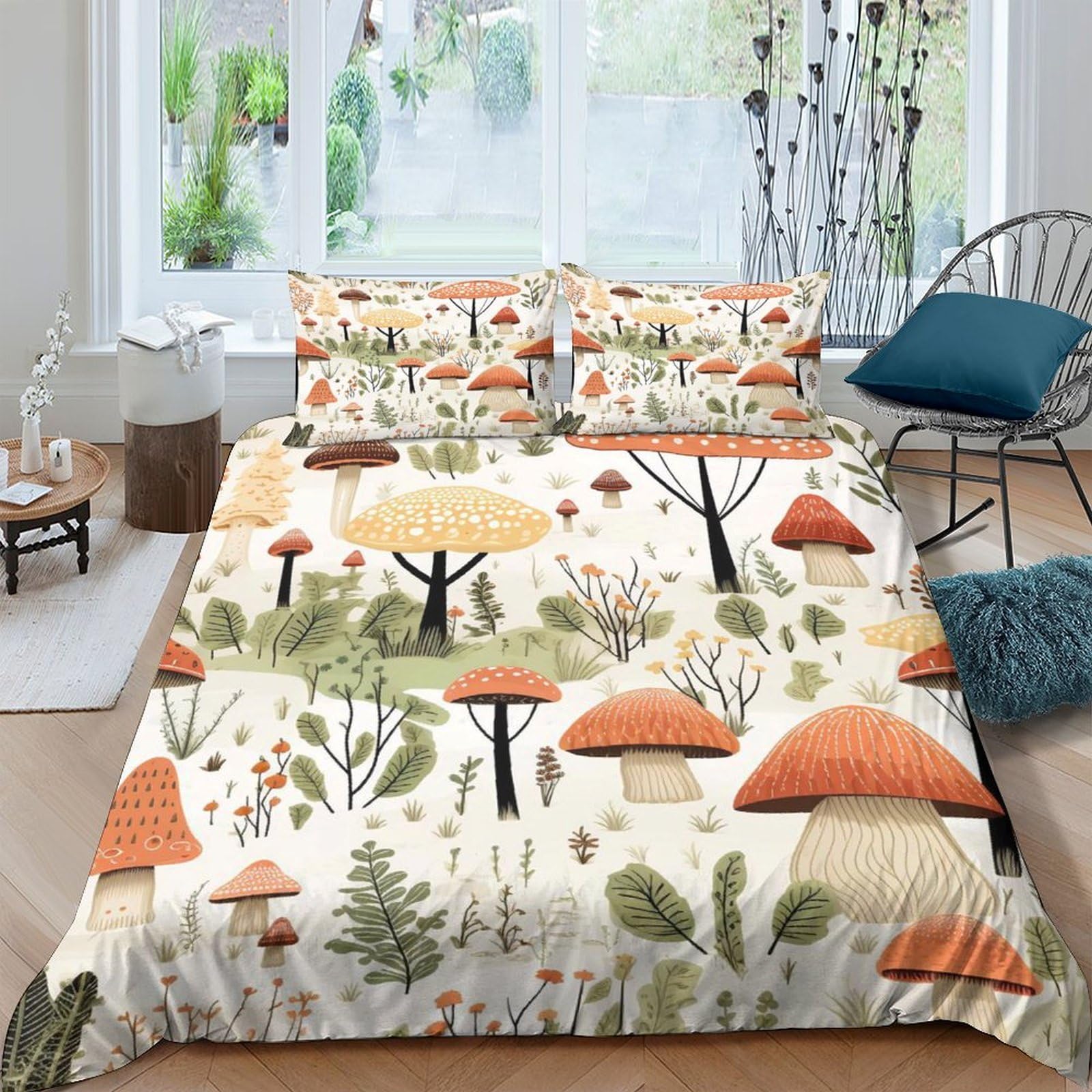 GPLZQXKJNH 3D Printed Mushroom Forest Duvet Cover Microfiber Bedding Set with 2 Pillowcases, Botanical Woodland Orange Decor for Bedroom Single（135x200cm）