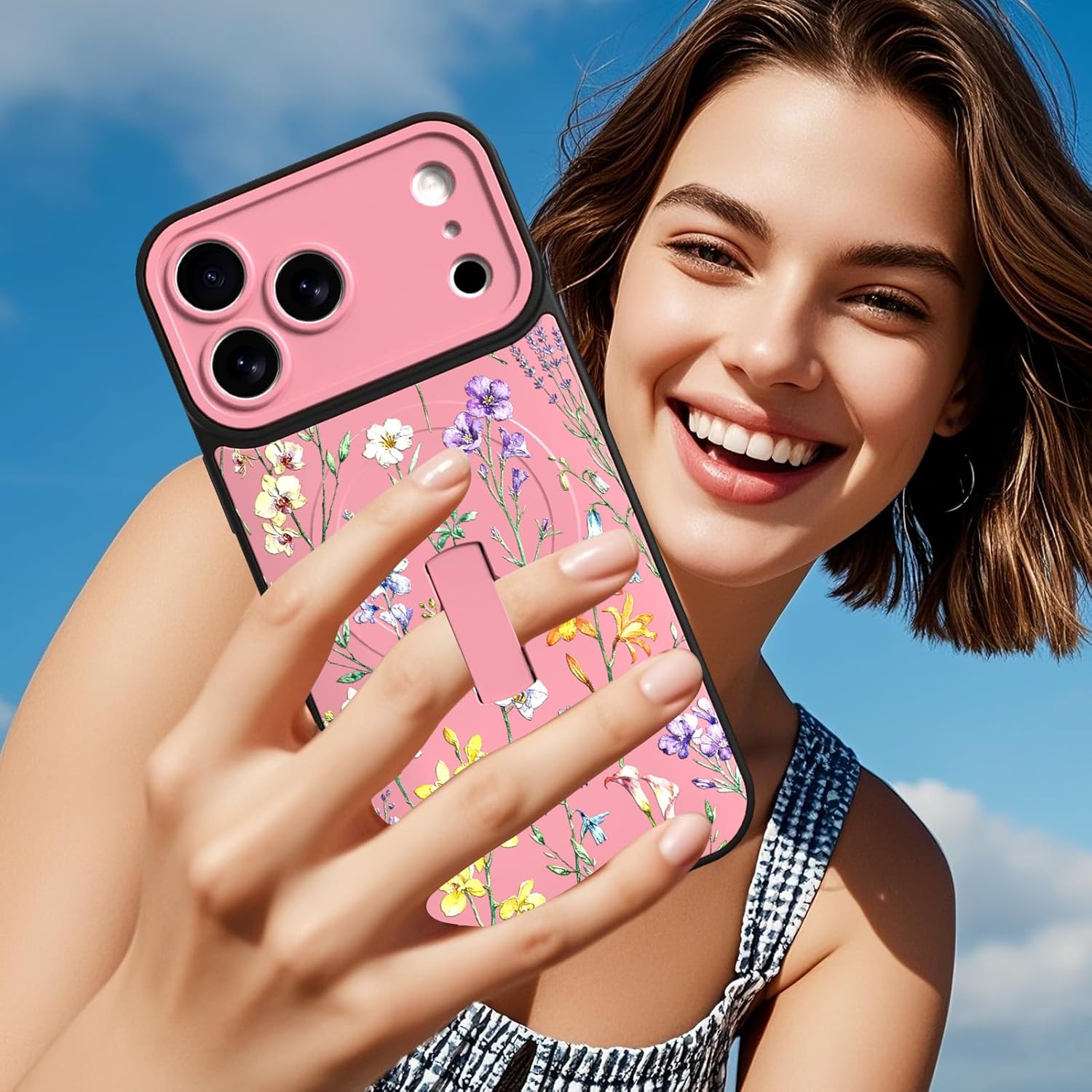 MOWIME Magnetic for iPhone 17 Pro Max Case with Finger Strap Kickstand, Compatible with Magsafe, Cute Floral Flower Pattern Design Phone Case for Women Girls Full Camera Protection Cover, Pink