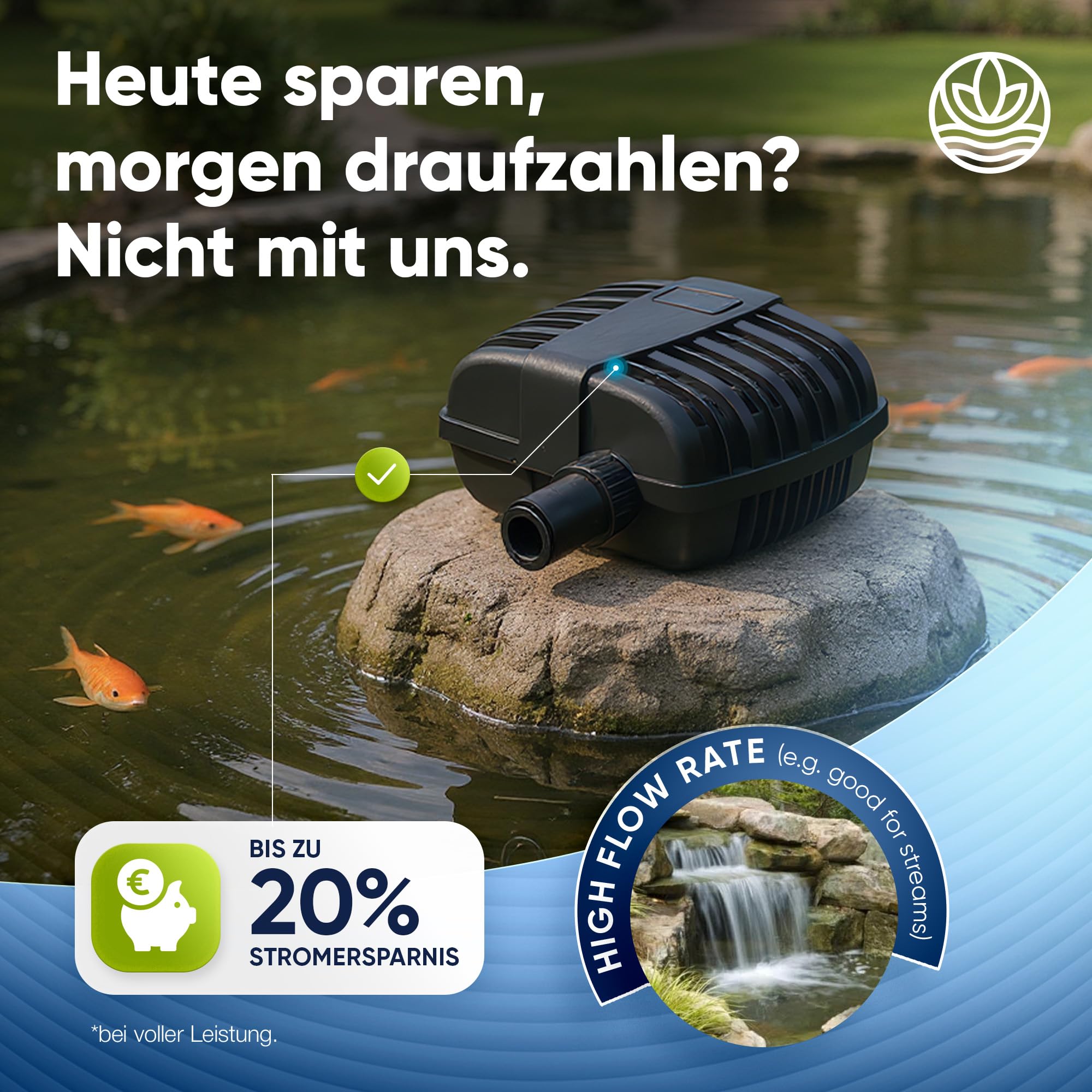 Teicher Filterpumpe PP-1500H [Neues Modell] – Teichpumpe für außen 25W, 1500 l/h Energie effizient | Bachlaufpumpe Gartenteich Bachlauf Wasserfall | Filter Pumpe Teich Pond Pump Teichpumpen IPX8 Norm