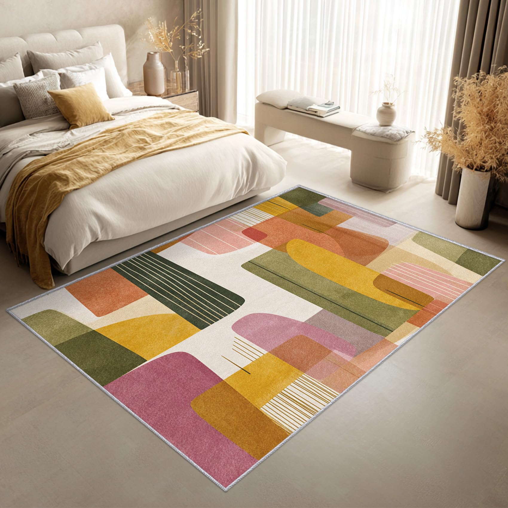 Générique Tapis Milieu du Siècle, Grand Tapis Salon 140x200 Géométrie Abstrait Carpette Chambre, Flanelle Poil Ras Moelleux - Antidérapa Lavable en Machine H2