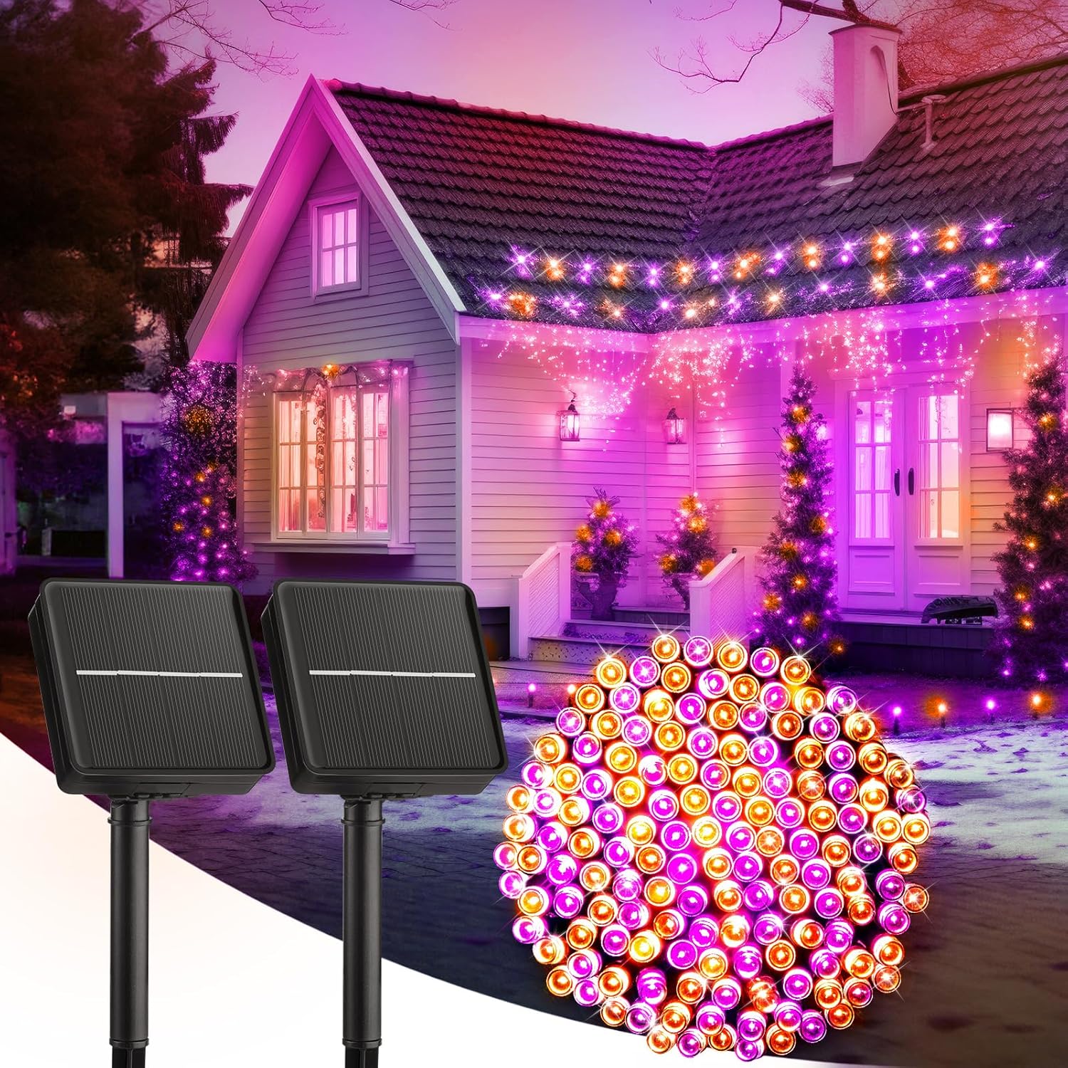 Brightown 2 Pack 200LED 78FT Total Halloween Solar Outdoor Lights IP65 Waterproof Solar Powered Lights with 8 Lighting Modes for Party Garden Yard Home Holiday Tree Decoration Lighting,Orange&Purple