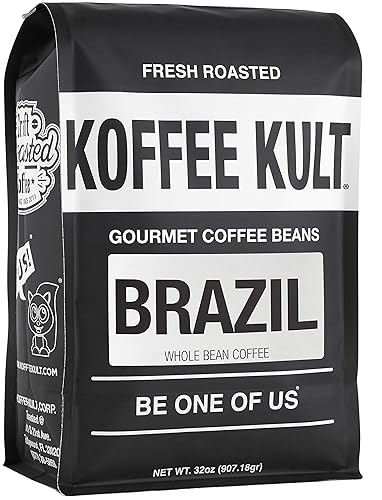 Koffee Kult Granos de café de Brasil tostado medio, 100% café brasileño de origen único, tostado artesanal fresco (grano entero, bolsa de 32 onzas)