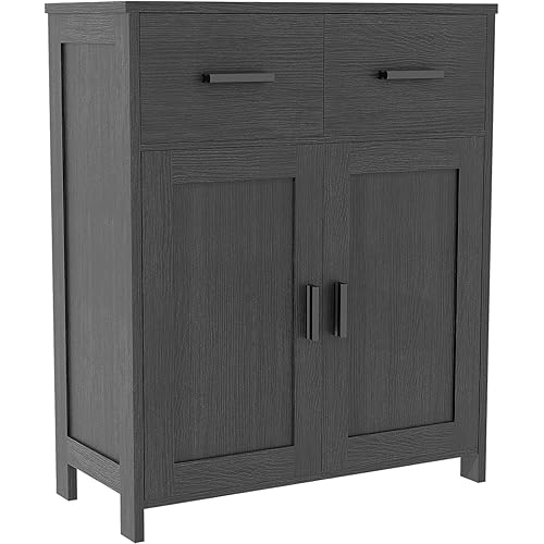 Modern Kitchen Cabinet with 2 Doors & 2 Drawers - Storage Cabinet for Dining Room, Living Room, Bedroom, Coffee Bar Station & Bathroom, Black