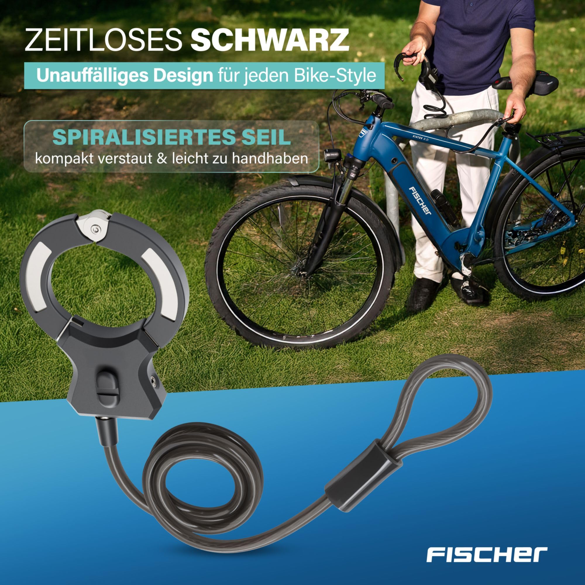 FISCHER Lucchetto a spirale per bicicletta, 120 cm, nero, con supporto, lucchetto con morsetto, per bicicletta elettrica, scooter elettrico