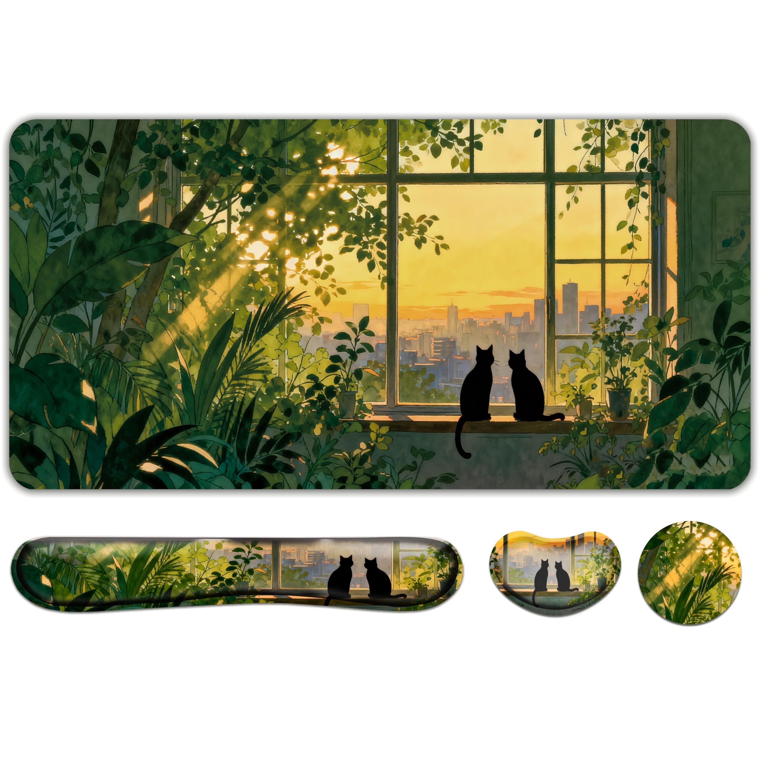 Doodlream 4-in-1 Desk Pad, Cat Window Theme, Desk Mat with Mouse Keyboard Wrist Support and Coaster, Ergonomic Design for Home Office Laptop Computer Desk Accessories