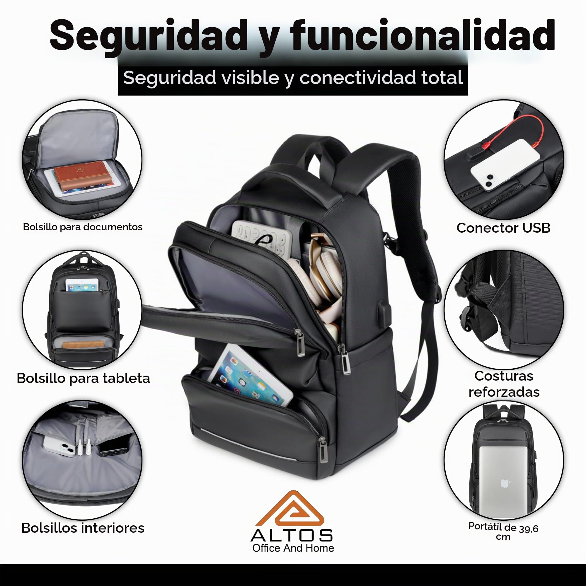 ALTOS OFFICE AND HOME Mochila de piel sintética para laptop, elegante, impermeable y duradera para portátiles de 15.6 pulgadas con puerto de carga USB, correas acolchadas, múltiples compartimentos y