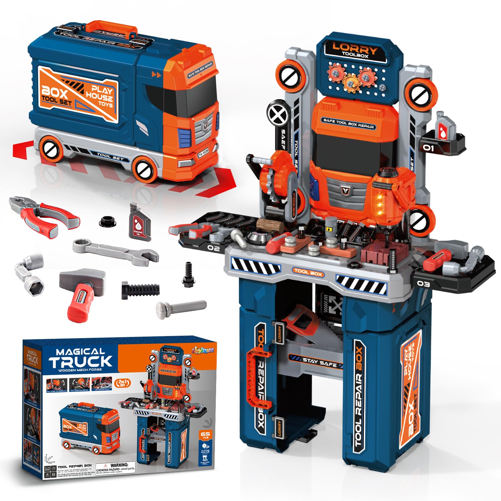 Amazon.com: 65 Pcs Kids Tool Set, 2-in-1 Kids Tool Box & Bench