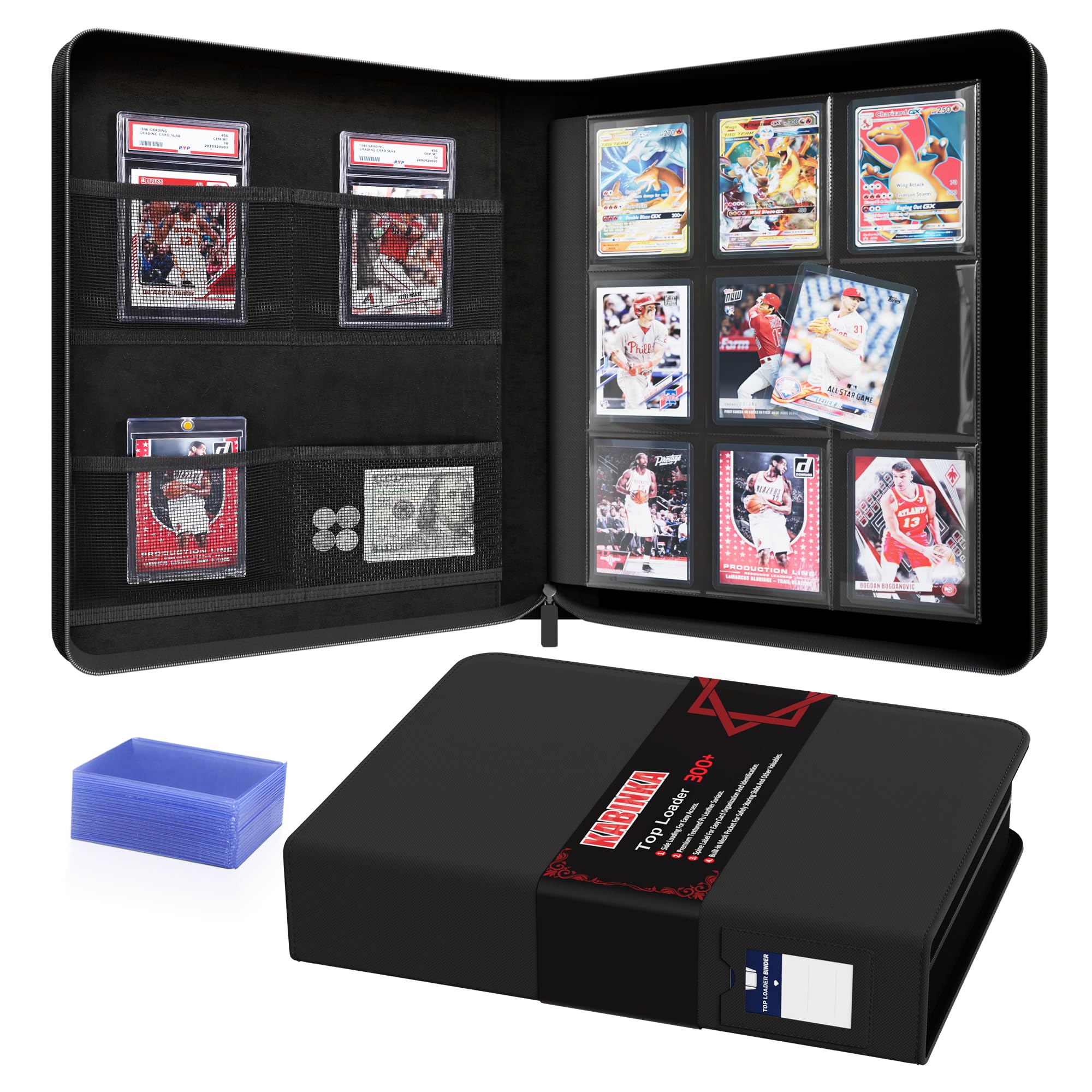 Kabinka Raccoglitore con 9 tasche, contiene 324 carte, include 20 caricatori dall'alto, raccoglitore per carte sportive, MTG TCG, nero