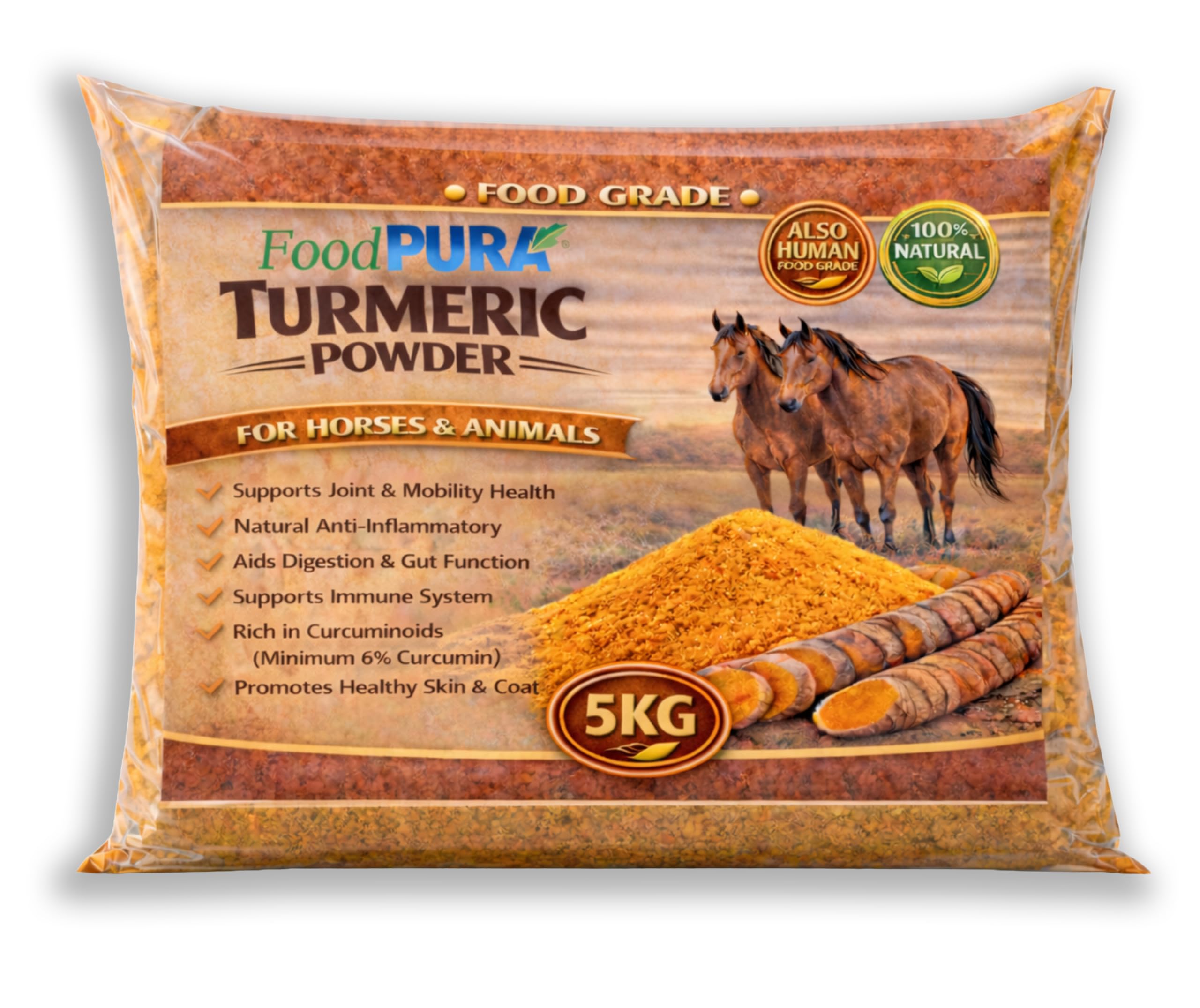 FoodPURA 5KG Turmeric Powder for Horses & Ponies – Pure Natural Equine Feed Supplement – Min. 6% Curcumin – Supports Joints, Skin & Digestion – Human Food Grade Indian Turmeric