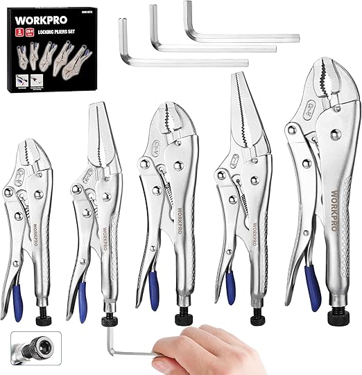 WORKPRO 5-Piece Pliers Set - 6", "7-', 10' Curved Jaw Pliers, Fast Release with 3pc Hex Keys
