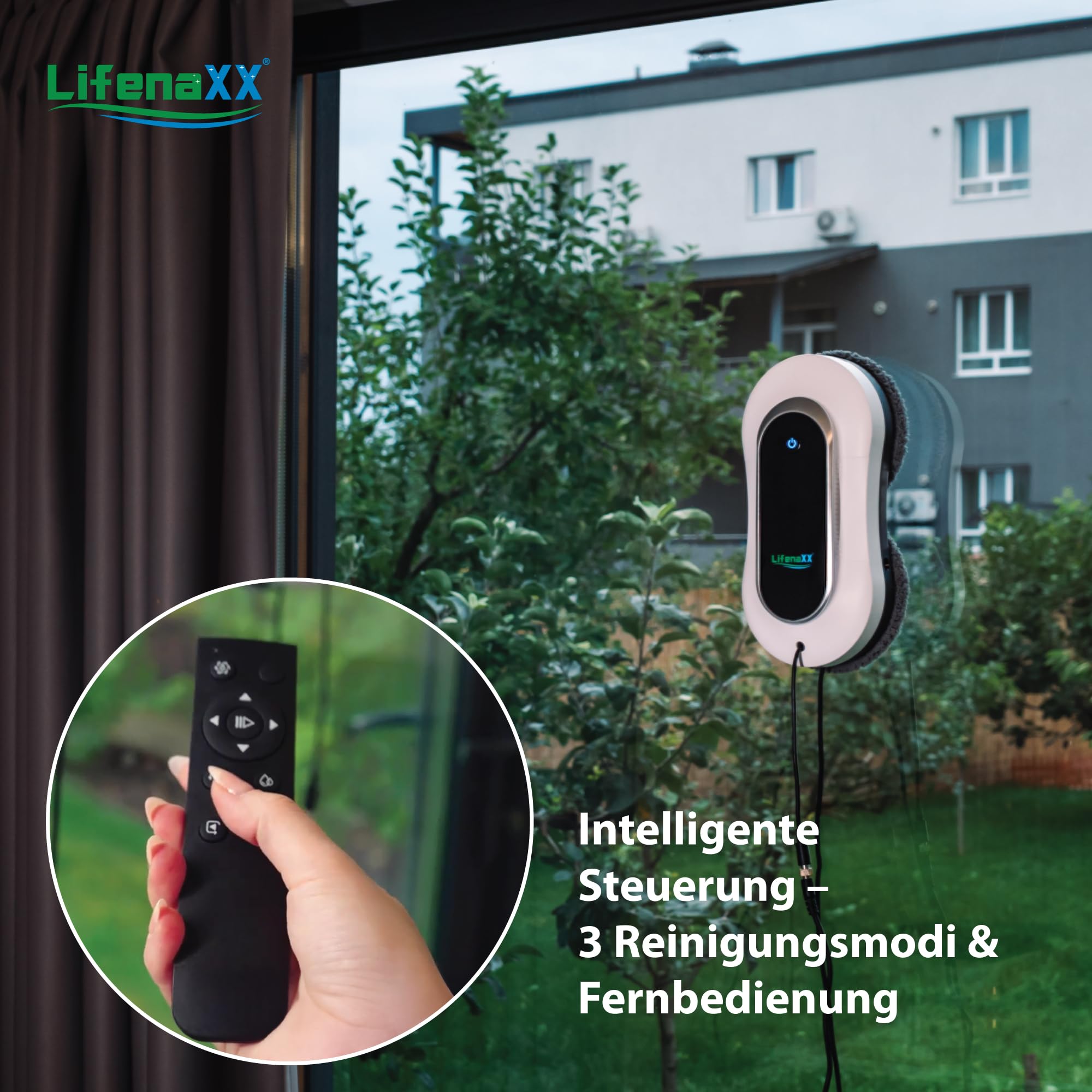 Lifenaxx Fortschrittlicher Fensterreinigungsroboter LX-055, elektrischer Fensterreiniger mit 2 Sprühdüsen, hohe Saugkraft, großer 70-ml-Wassertank, Fernbedienung – ideal für Fenster, Fliesen, Spiegel