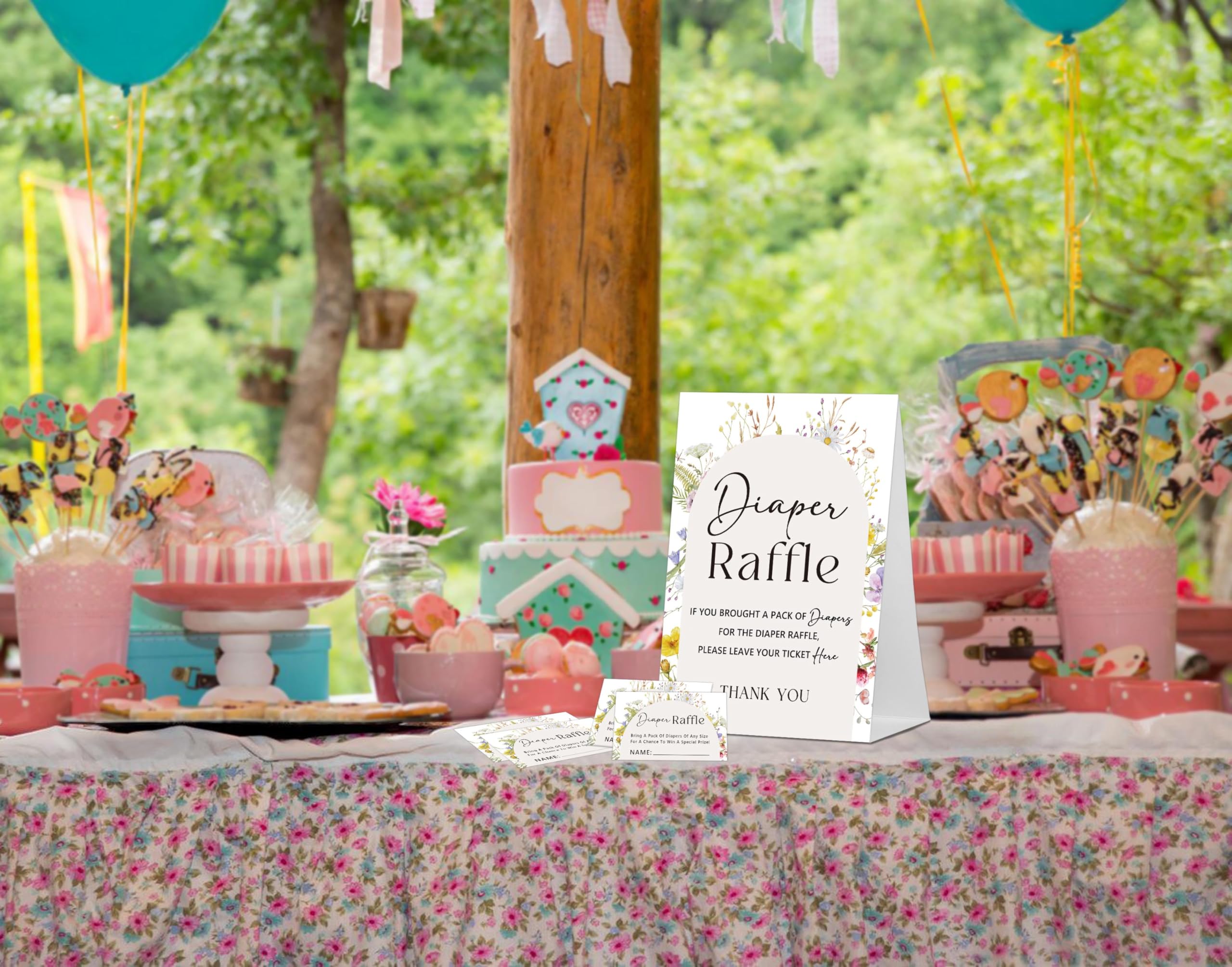 Windel-Spiel-Set Für Babyparty – 1 Schild & 50 Tickets, Aquarell-Blumenmotiv, Geschlechtsneutral
