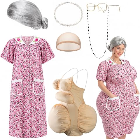 7 Pcs Halloween Grandma Costume Set with Fake Belly, Dress, Wig, and Accessories