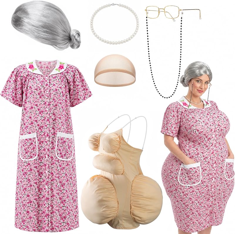 Conjunto de disfraz de anciana gorda de Halloween de 7 piezas, trajes gordos de vestido de abuela | Vestido de barriga y pecho falso, gorro de peluca de abuela, lentes, collar de perlas para fiesta de disfraces divertida, puesta en escena
