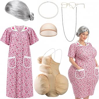 7 Pcs Halloween Grandma Costume Set with Fake Belly, Dress, Wig, and Accessories