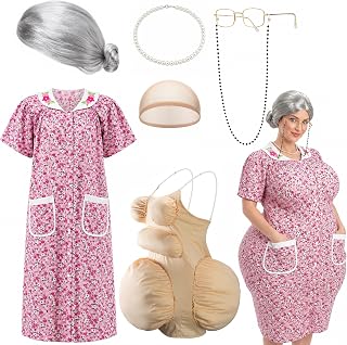 Conjunto de disfraz de anciana gorda de Halloween de 7 piezas, trajes gordos de vestido de abuela | Vestido de barriga y pecho falso, gorro de peluca de abuela, lentes, collar de perlas para fiesta de disfraces divertida, puesta en escena