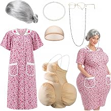 7 Pcs Halloween Fat Old Lady Costume Set, Grandma Dress Fat Suits