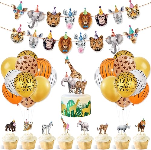 Animales de safari, decoraciones de fiesta, animales, pancarta de cumpleaños, decoración de cupcakes y globos para niños y niñas, animales salvajes disponible en Yaxa Colombia