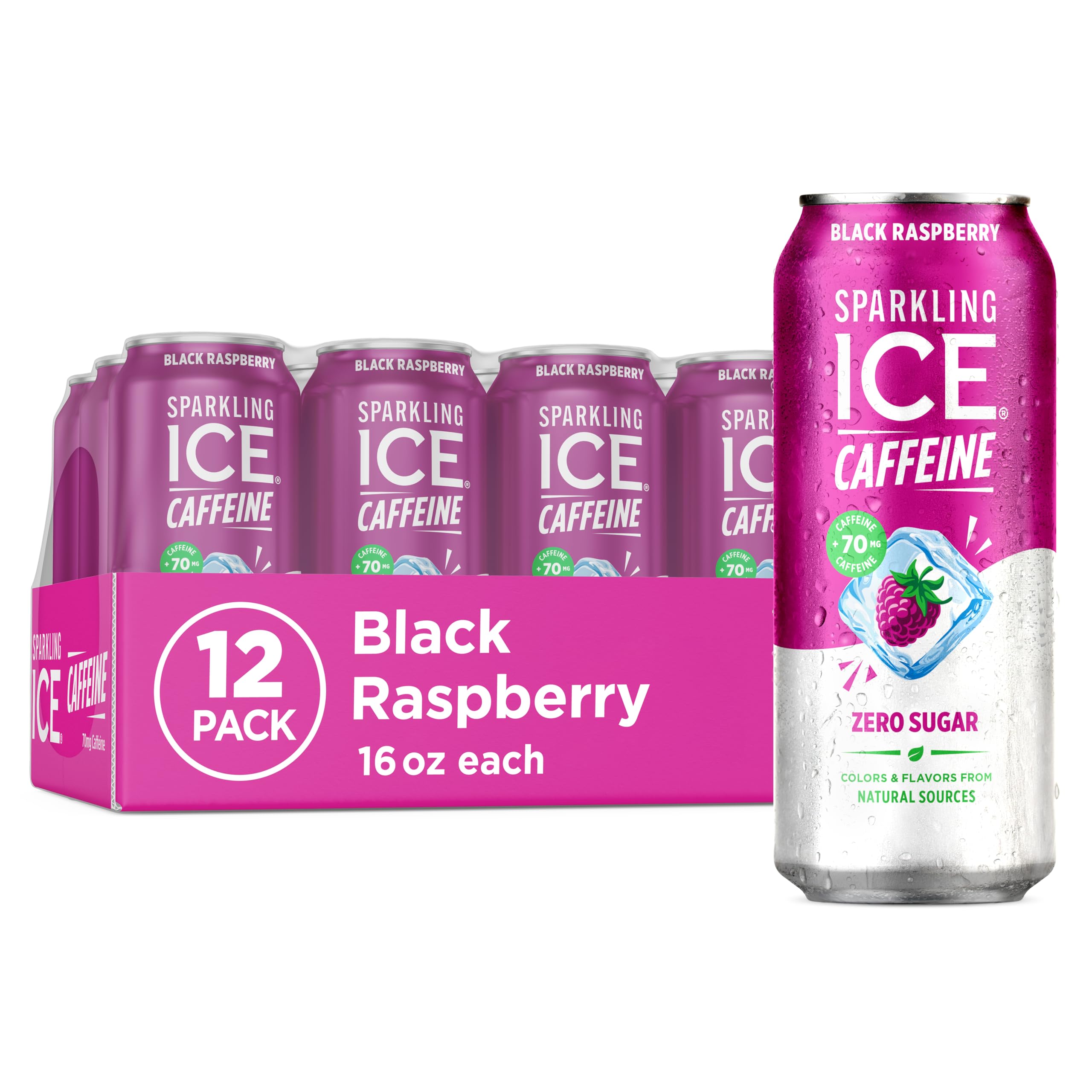 Sparkling Ice Caffeine Black Raspberry Sparkling Water with Caffeine, Zero Sugar, with Antioxidants and Vitamins,16 fl oz Cans (Pack Of 12)