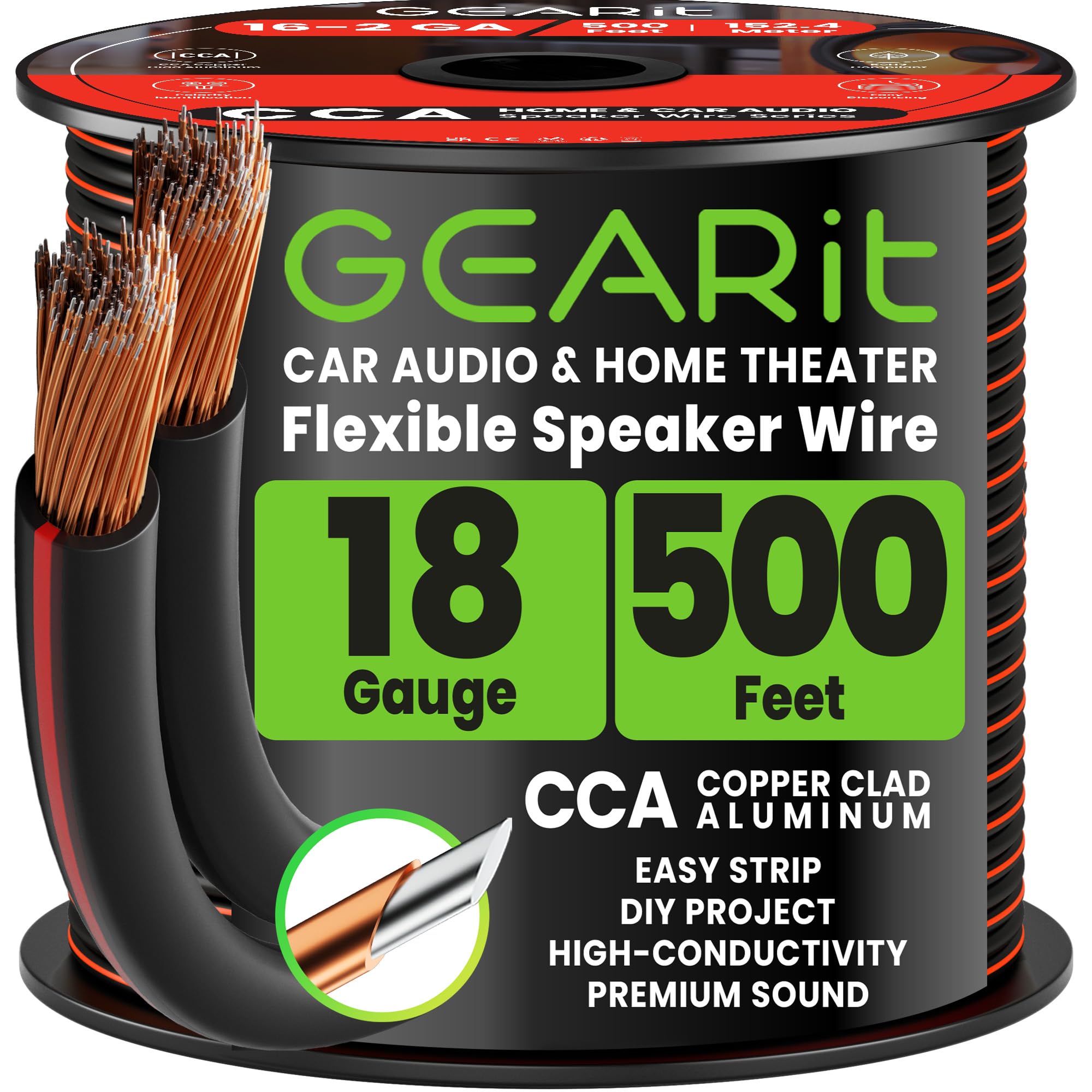 GearIT Pro Series 18 Gauge Speaker Wire (500 Feet / 152 Meters) - Great for Home and Car Speakers, Black